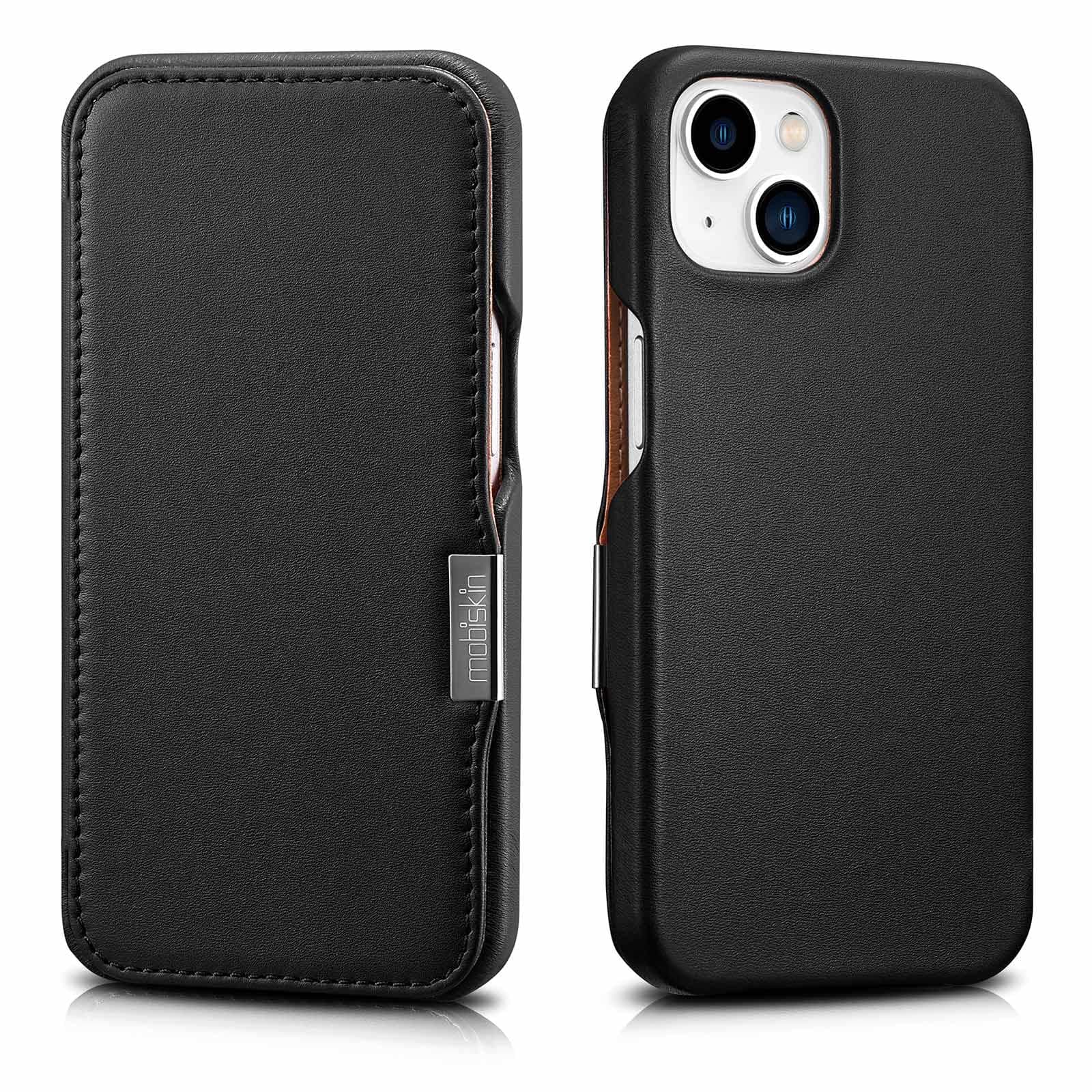 Mobiskincase compatible with Apple iPhone 13 MINI (5.4 inch), cover with genuine leather, book-style protective phone case, ultra-slim folio, thin wallet, black