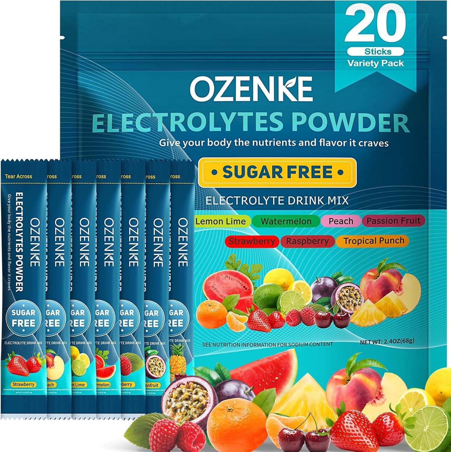 Electrolytes Powder Packets, Hydration Packets, Electrolytes Powder No Sugar, Portable Electrolyte Drink Mix for Rapid Hydration, Sugar Free & Low Sodium | 0 Calorie | 7 Flavors | 20 Sticks