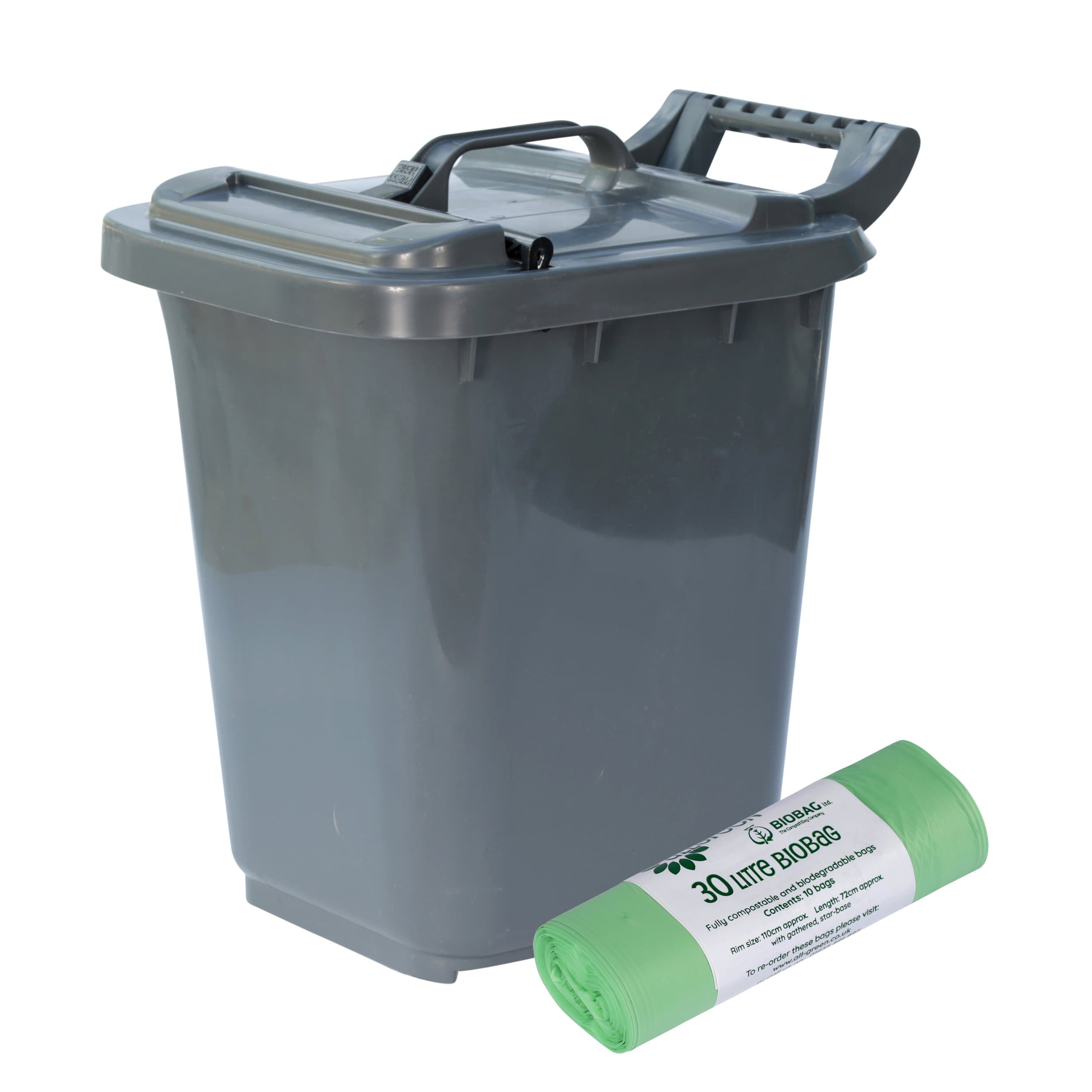 All-Green Kerbside Compost Caddy/Plastic Kerbside Bin with Locking Lid - Dark Grey - for Food Waste Recycling (23 Litre) - 23L & 10 x 30L Compostable Bags with Composting Guide