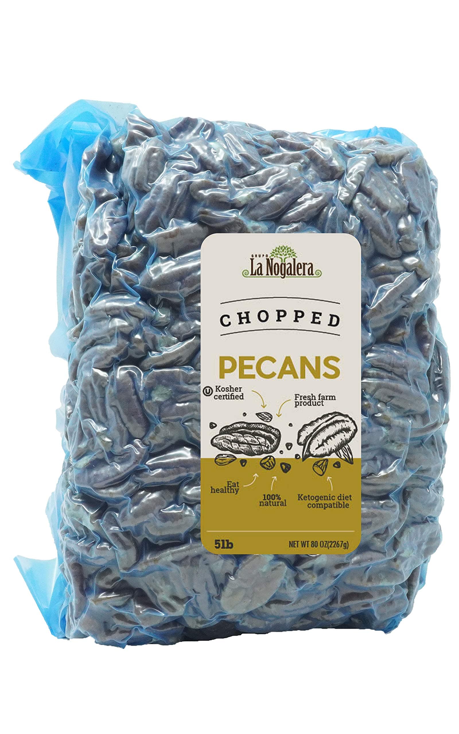 La Nogalera - 100% Natural and Fresh Crop of Chopped Pecans in 5 lbs Vacuum Sealed Bag. Raw Pecan nut Pieces That Compare to Organic, Non-GMO, No Preservatives, Unpasteurized, Kosher Certified