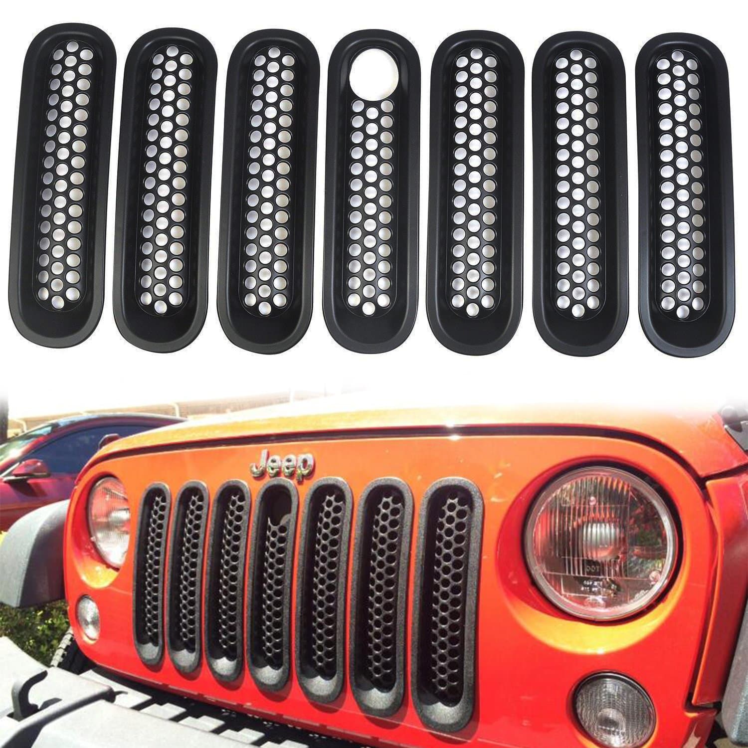 YANWEN Upgraded Clip in Version Matte Black Front Grille Insert Pari of 7 Pieces with Key Hole Compatible with Jeep Wrangler JK JKU Sports Sahara Freedom Rubicon X & Unlimited 2007-2016