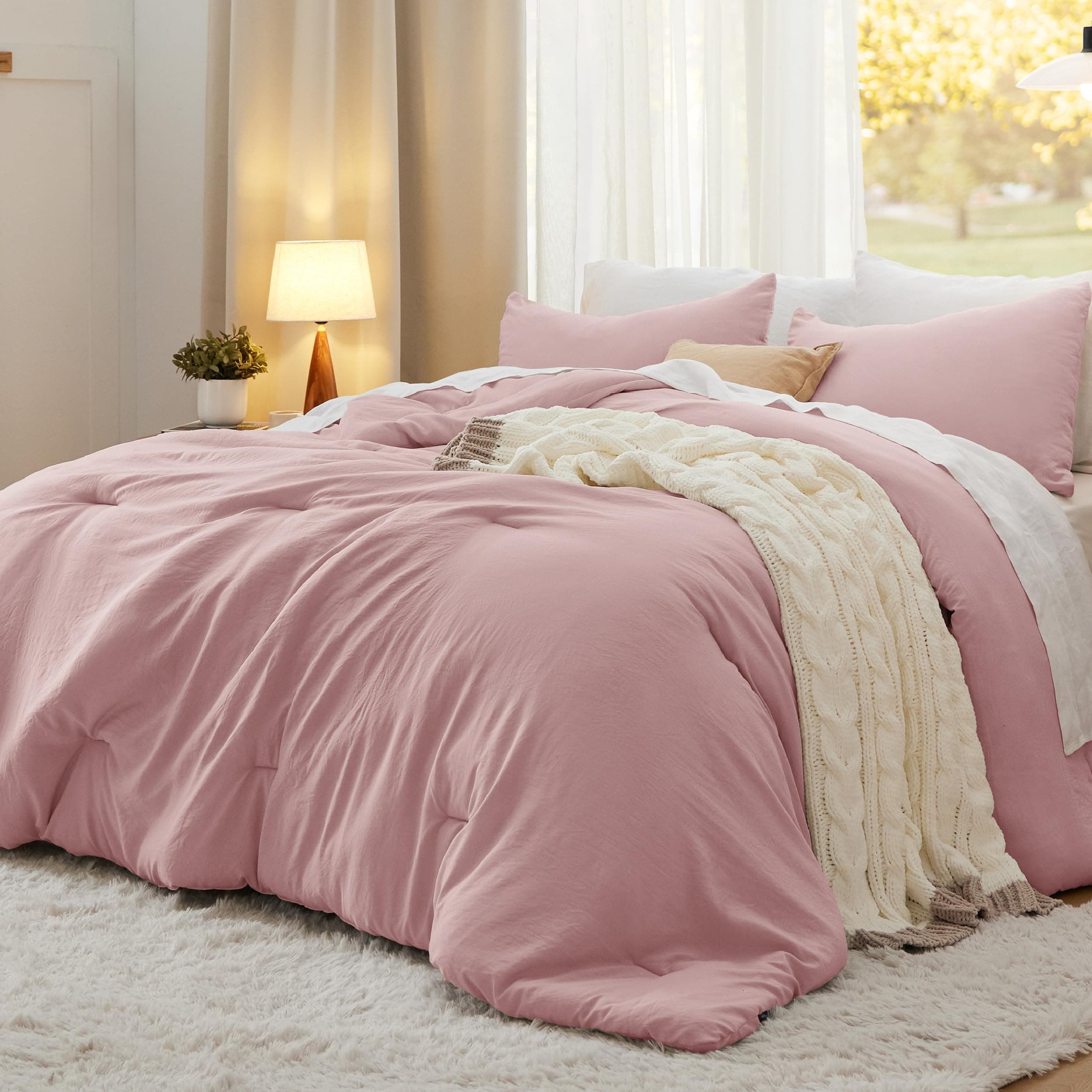 Bedsure California King Comforter Set, Pink Soft Prewashed Bedding for All Seasons, 3 Pieces GentleSoft™ Bed Set, 1 Lightweight Comforter (104"x96") and 2 Pillowcases (20"x36")