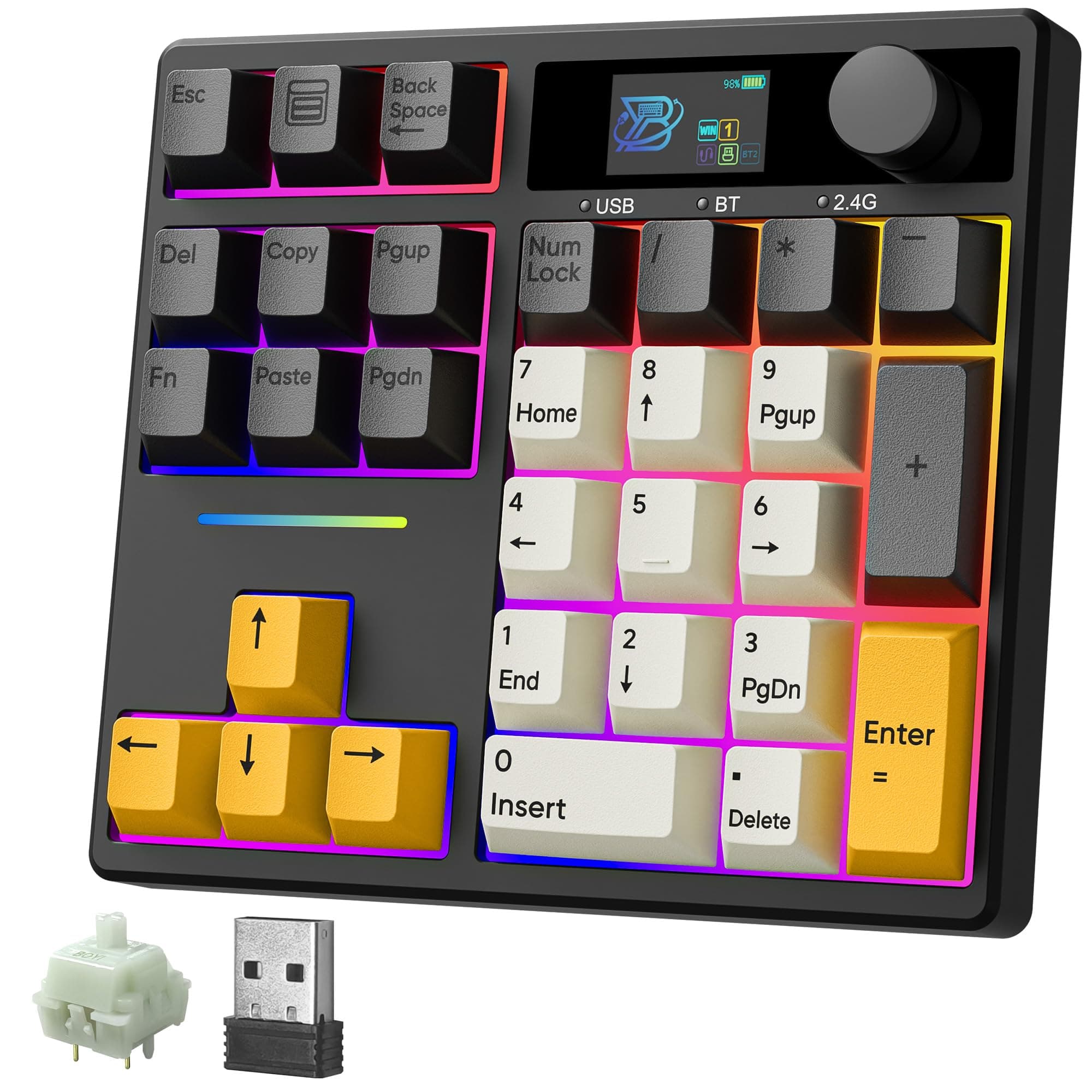BOYI TD31Pro Mechanical Number Pad,Bluetooth5.0/2.4G/Type-C Wireless Numeric Keypad,RGB HotSwap Numpad with Screen&Knob,PBT Keycap Rechargeable Gasket Number keypad for PC Laptop (Black-Grey)