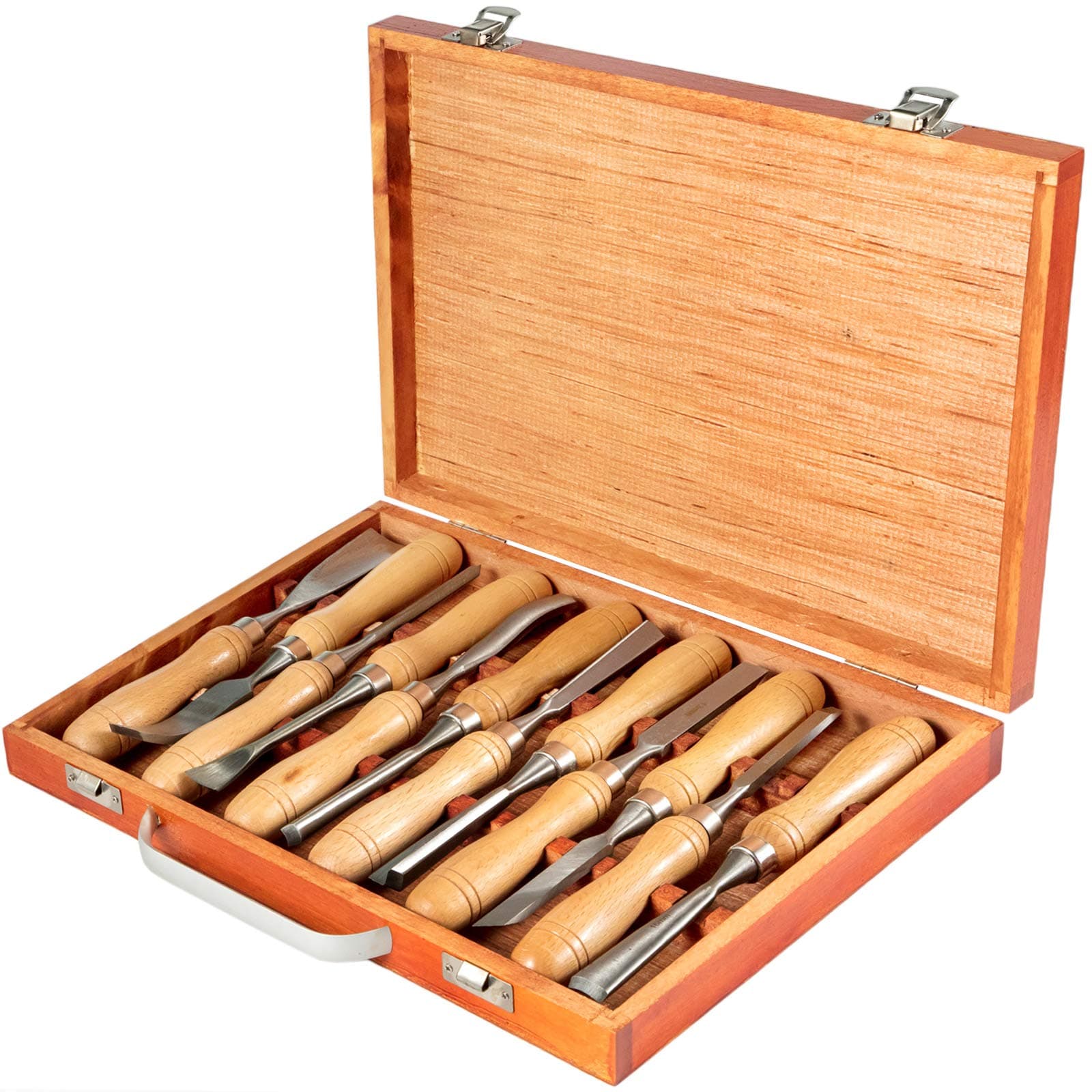 VEVOR Wood Chisel Sets 12pcs，Carving Hand Chisel 3-3/4Inch Blade Length with Red Eucalyptus Handle,Wood Tool Box
