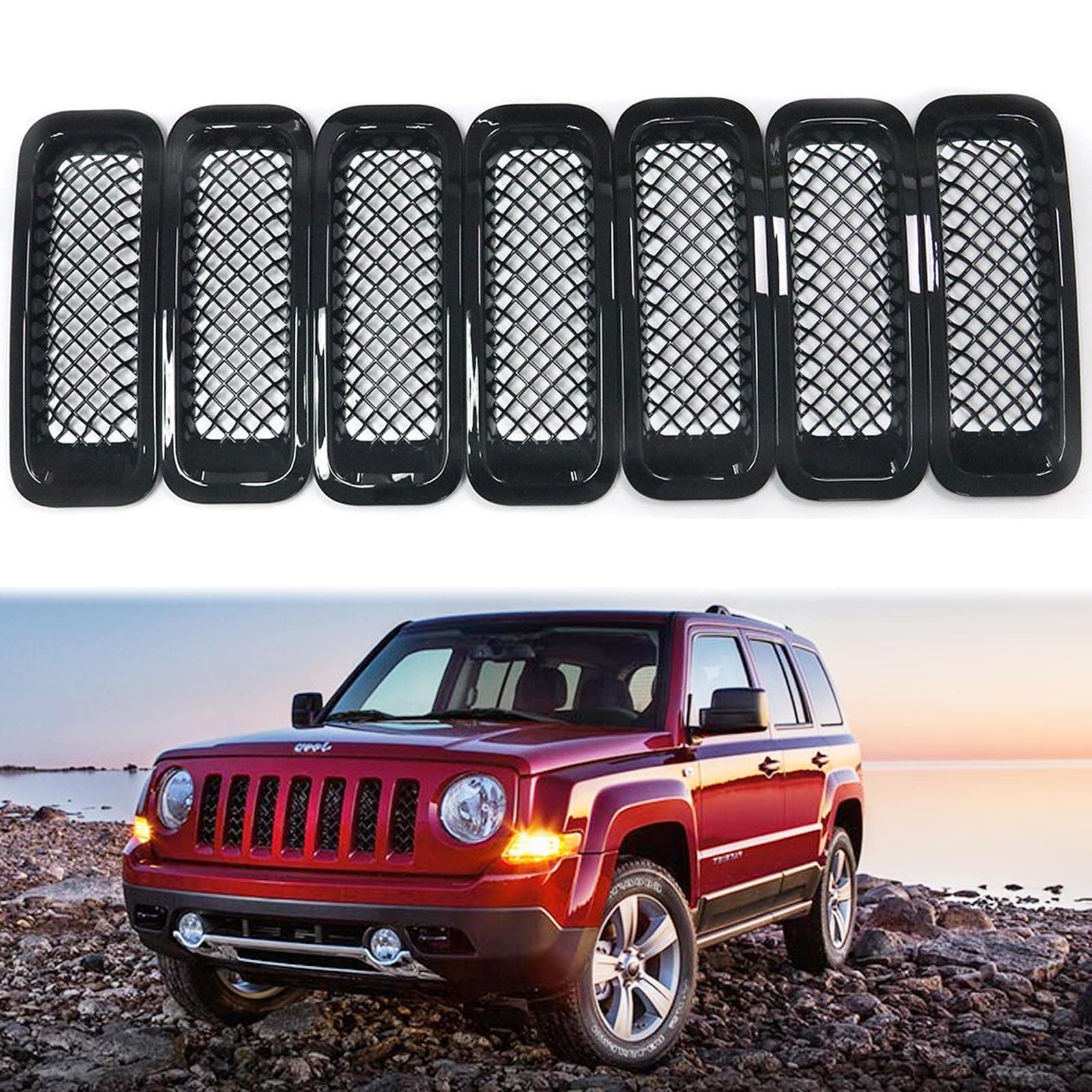 Latest 7PCS Front Grill Cover Mesh Grille Insert Kit Compatible with 2011-2016 Jeep Patriot (Black 7PCS Mesh Insert)