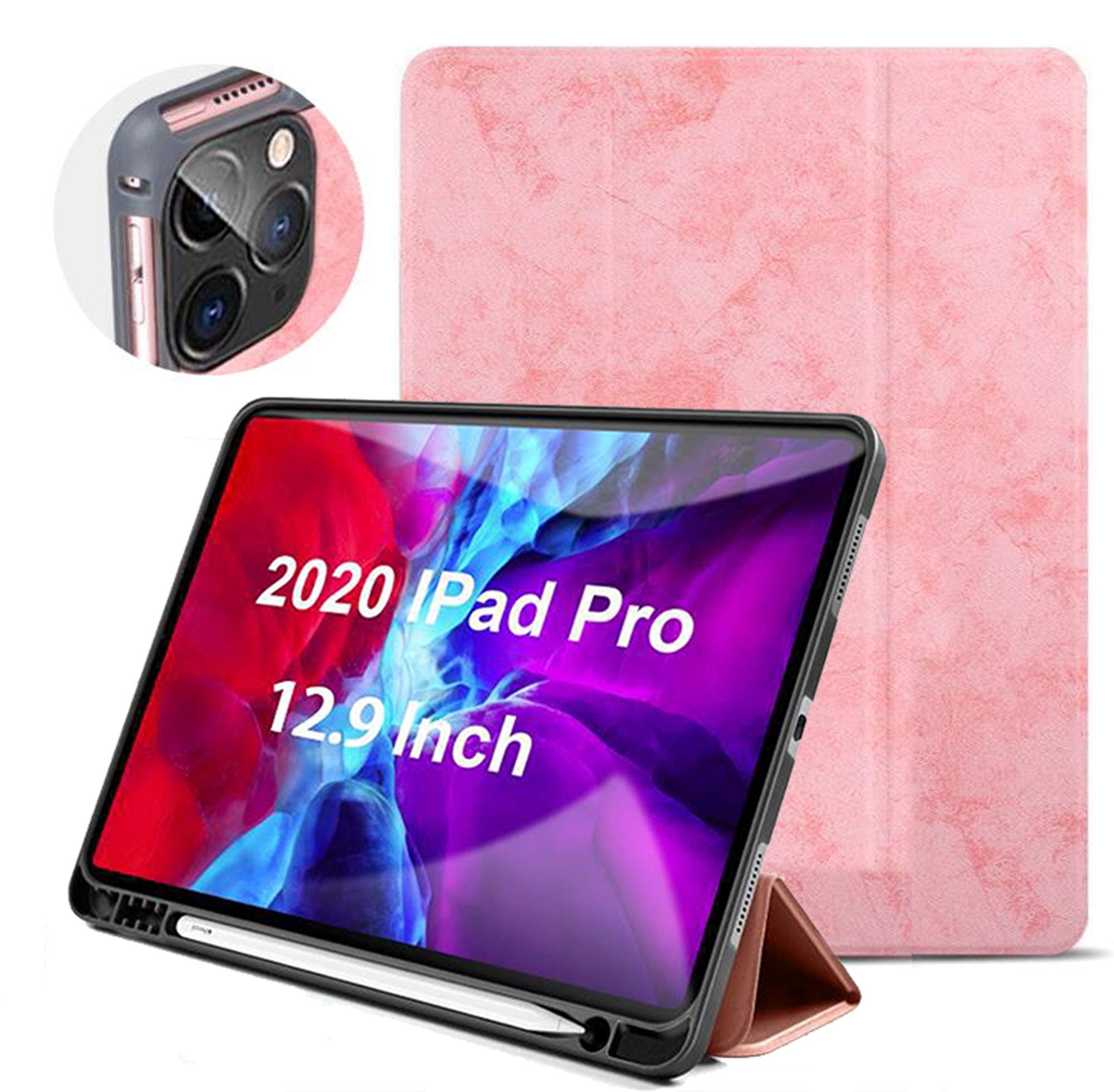 JIUKE for iPad Pro 12.9 Case 2020 4th Generation with Pencil Holder,Support Apple Pen Charging,Ultra-Thin Premium PU Material,12.9 inch Protective Smart Cover with Auto Wake/Sleep,Cute Pink