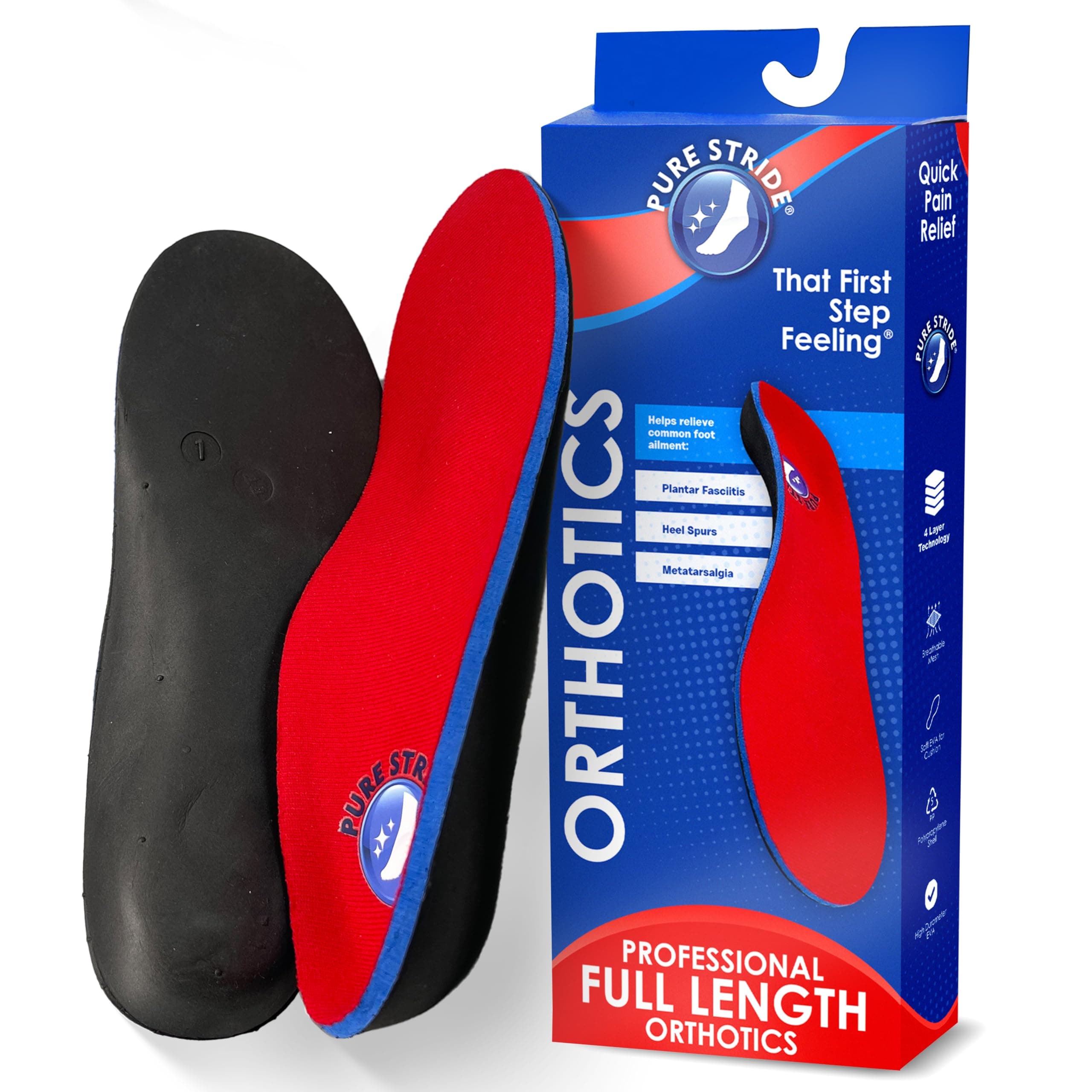 Pure Stride Professional Full Length Orthotics - Shoe Insert & Support for Metatarsals, High Arch, Flat Feet - Pain Relief for Plantar Fasciitis, Arch, Heel - 1 Pair, Men's 7-7.5 / Women's 9-9.5