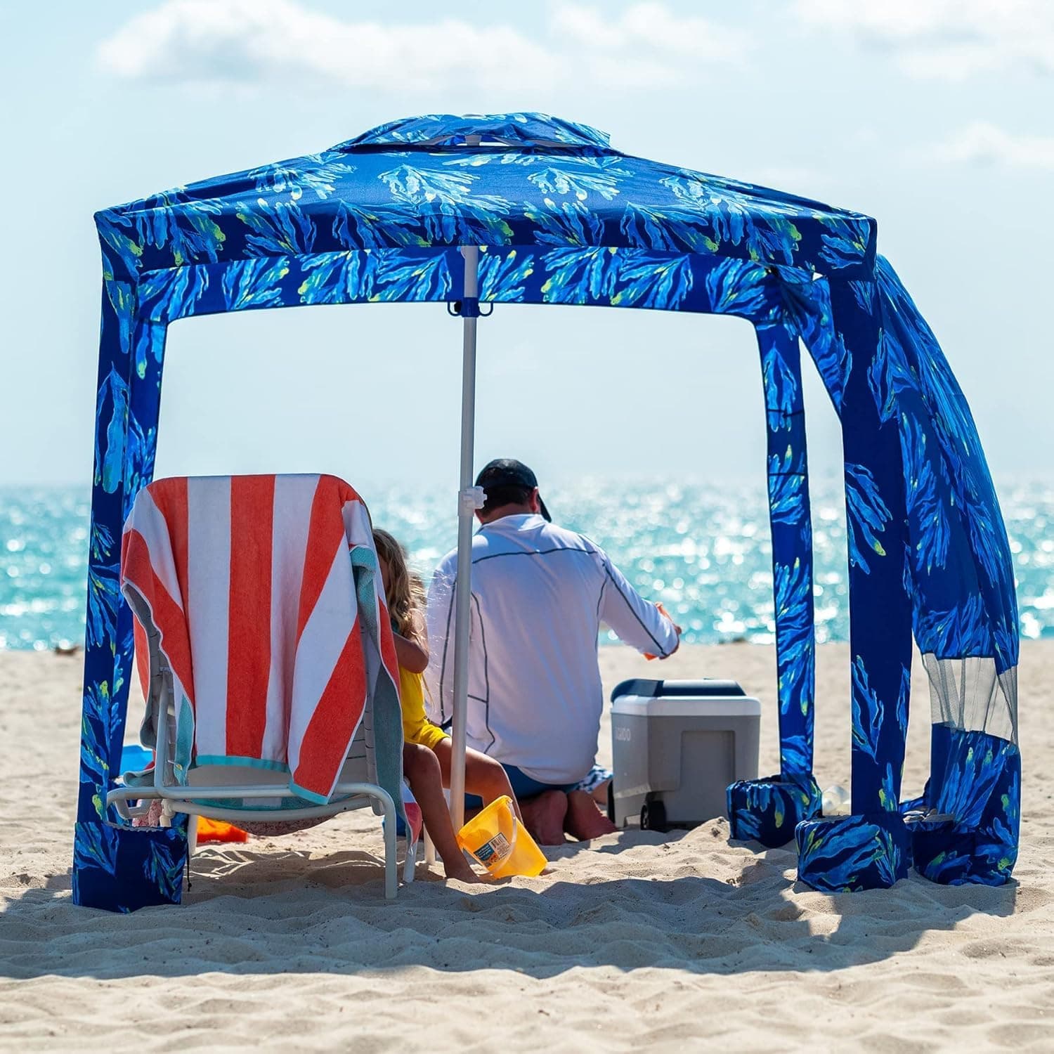 AMMSUN Beach Cabana, 6.2'×6.2' Beach Canopy, Easy Set up and Take Down, Cabana Tent with Sand Pockets, Instant Sun Shade with Side Wall, Coral Tropical