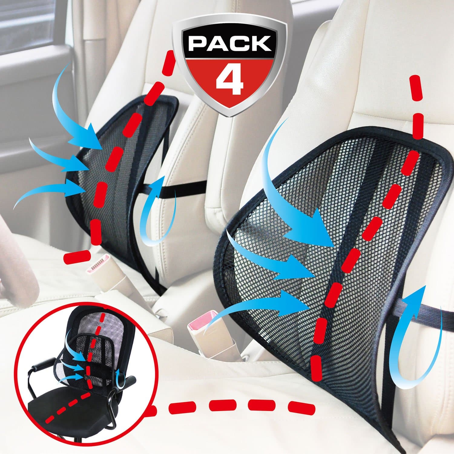 Maxxprime Mesh Lumbar Support 4 Pack Double Mesh Air Flow Breathable Back Rest for Use in Car Home and Office