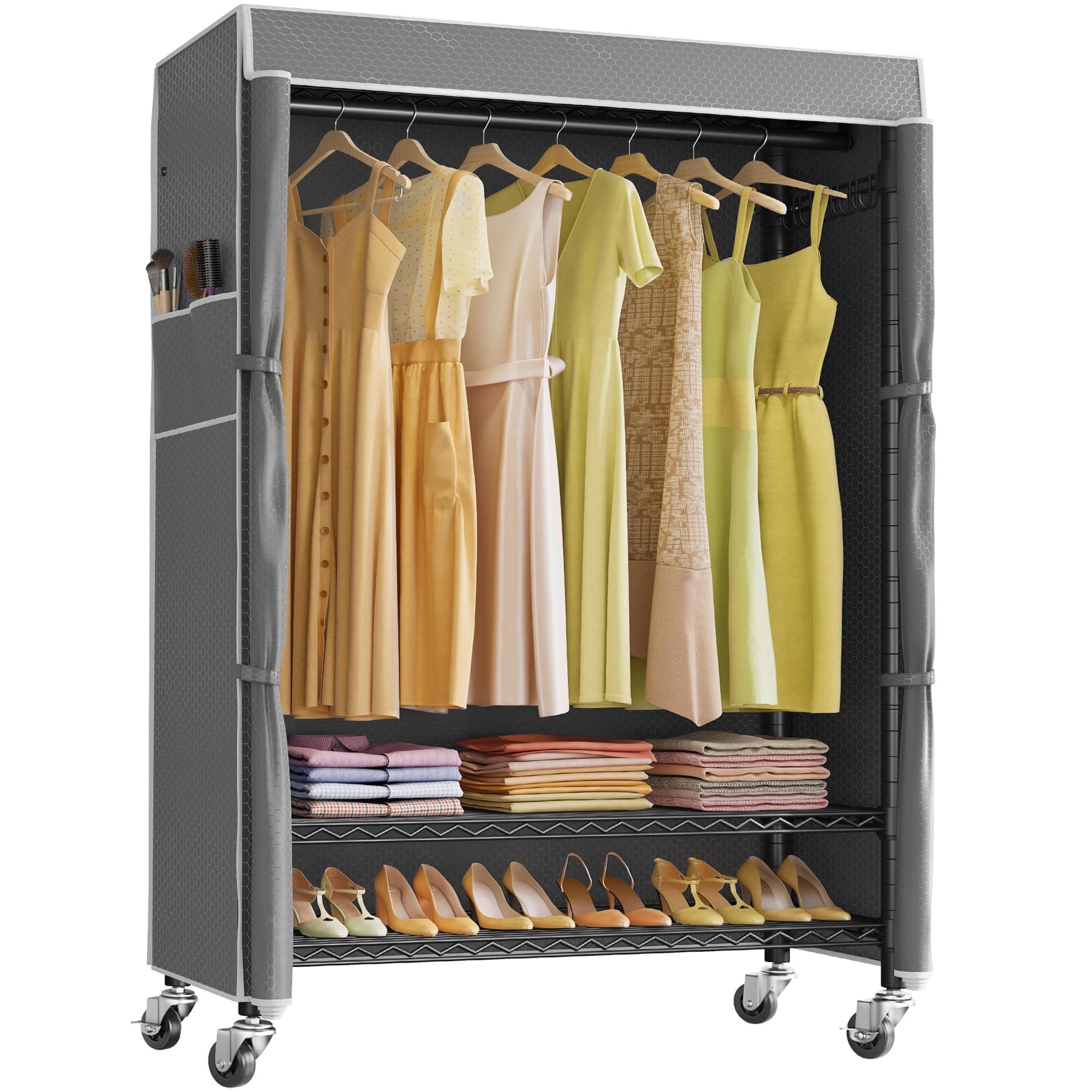 R3C Plus Garment Rack Rolling Clothes Racks with Locking Wheels, Heavy Duty Clothing Rack Portable Closet with Adjustable Shelves & Side Hooks, Black Rack with Grey Upgraded Polyester Cover