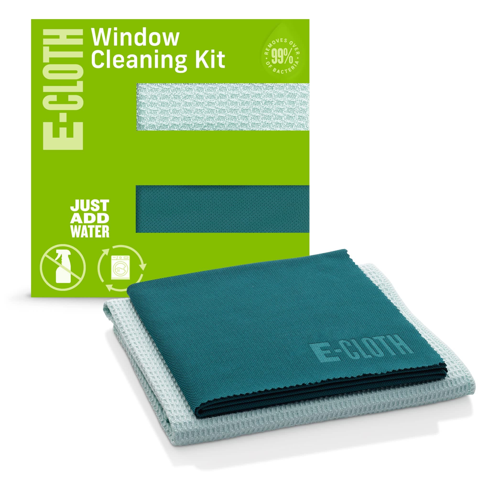 E-Cloth Window Cleaning Kit, Premium Microfiber Glass and Window Cleaner, Great for Shower Glass Doors, Indoor & Outdoor Windows and Car Windshield, Washable and Reusable, 100 Wash Guarantee, Green