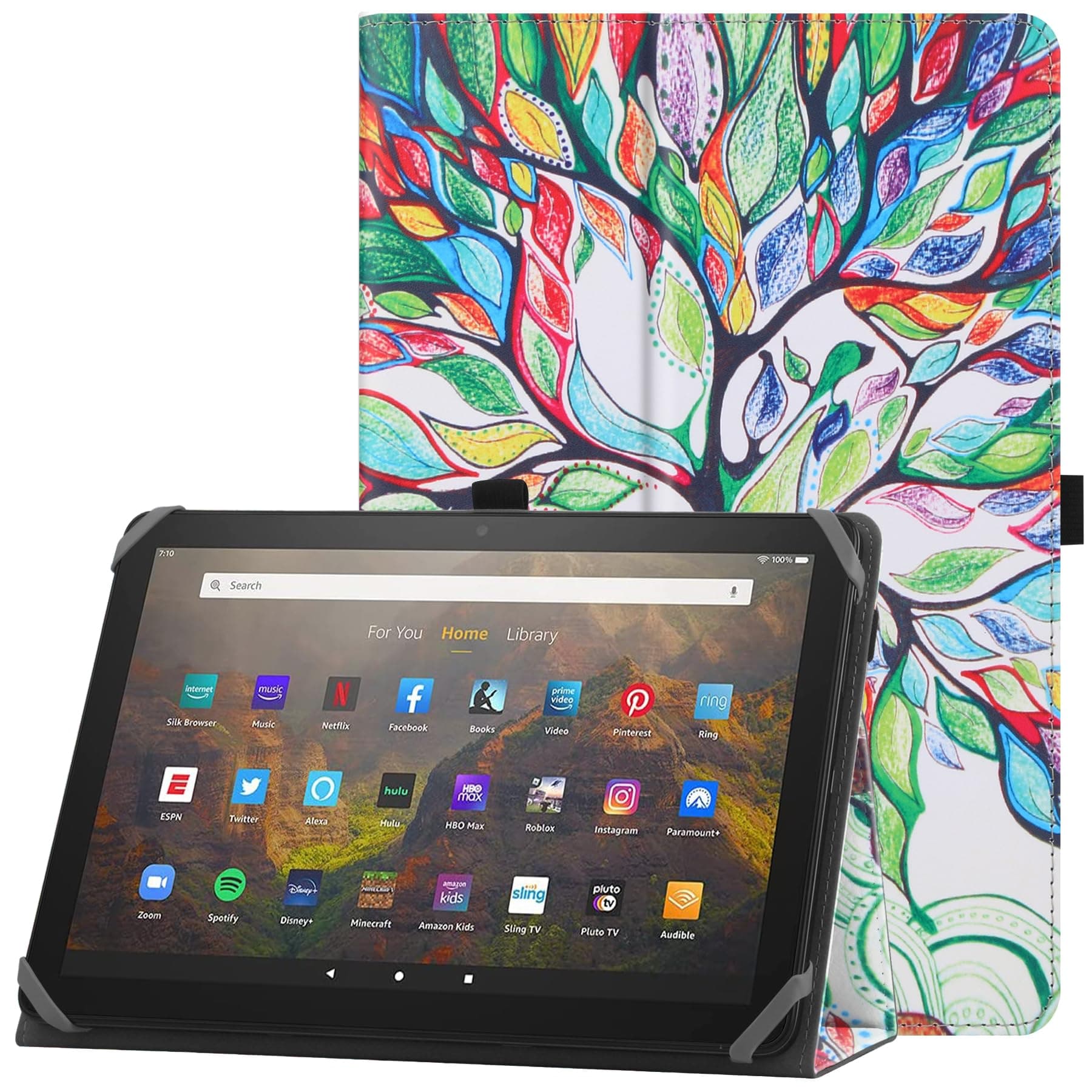 HoYiXi Universal Case for 9-10.1 inch Tablet Fire HD 10 2021/2023 & Fire HD 10 Plus 2021/2023 with Stand Folio and Hand Strap Protective Cover for 9"-10.1" Samsung Lenovo Android Tablet - Tree