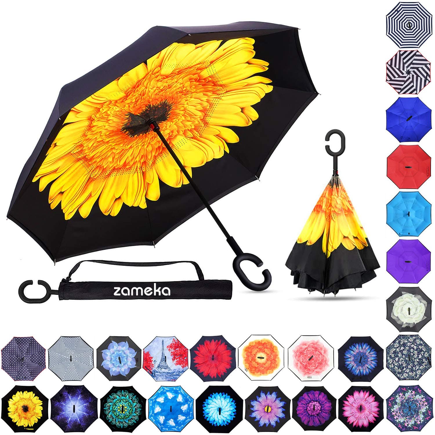Double Layer Inverted Umbrellas Reverse Folding Umbrella Windproof UV Protection Big Straight Umbrella Inside Out Upside Down for Car Rain Outdoor with C-Shaped Handle