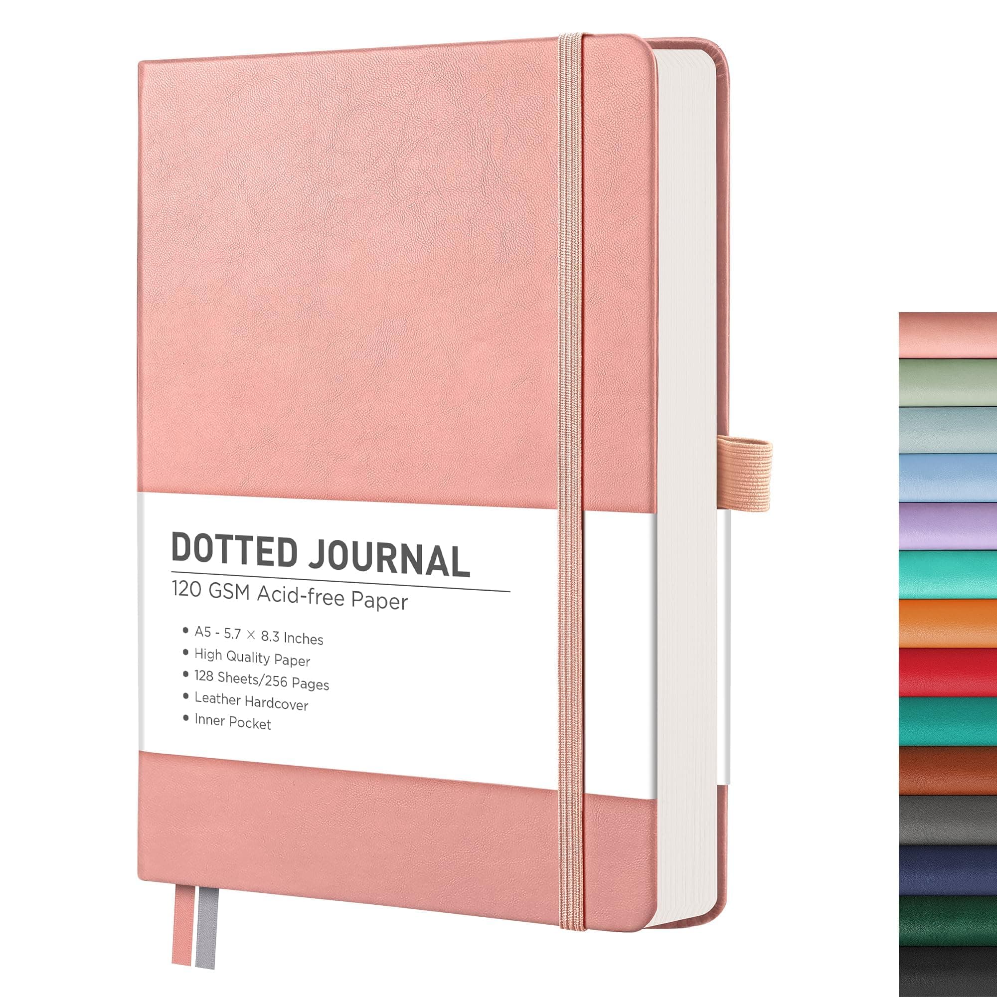 RETTACY Bullet Dotted Journal Notebook, 256 Pages, A5 Medium Size (5.7'' × 8.3''), Leather Hardcover, 120 GSM Thick Paper, for Bullet Journaling, Planning, Tracking (Pink)