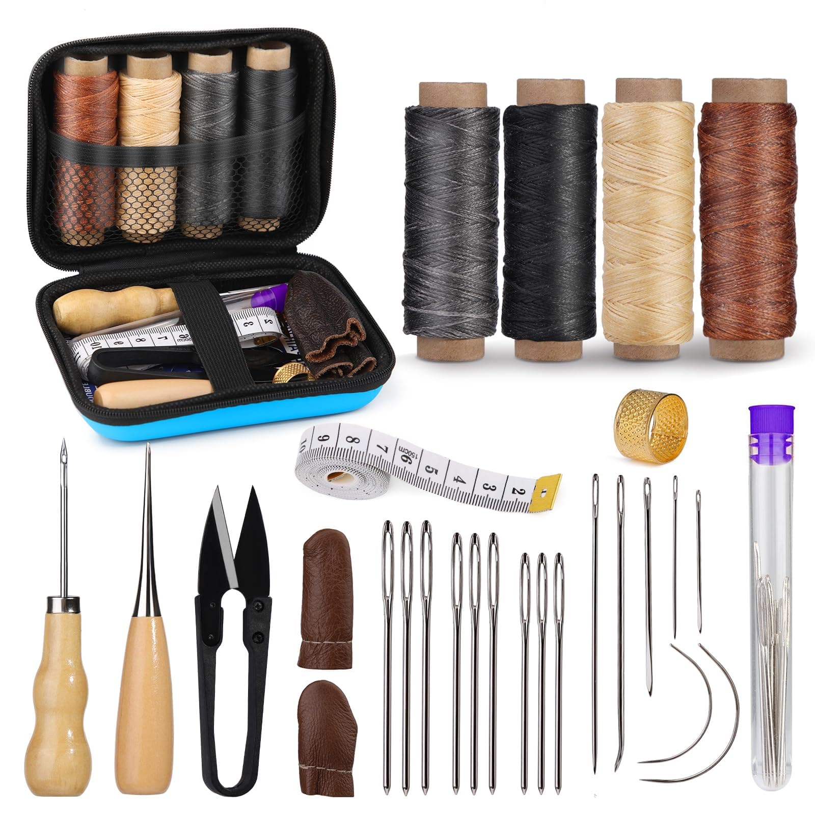 Leather Tooling Kit, Leather Working Tools and Supplies, Leather Working Kit with Large-Eye Stitching Needles, Waxed Thread, Leather Sewing Tools for DIY Leather Craft