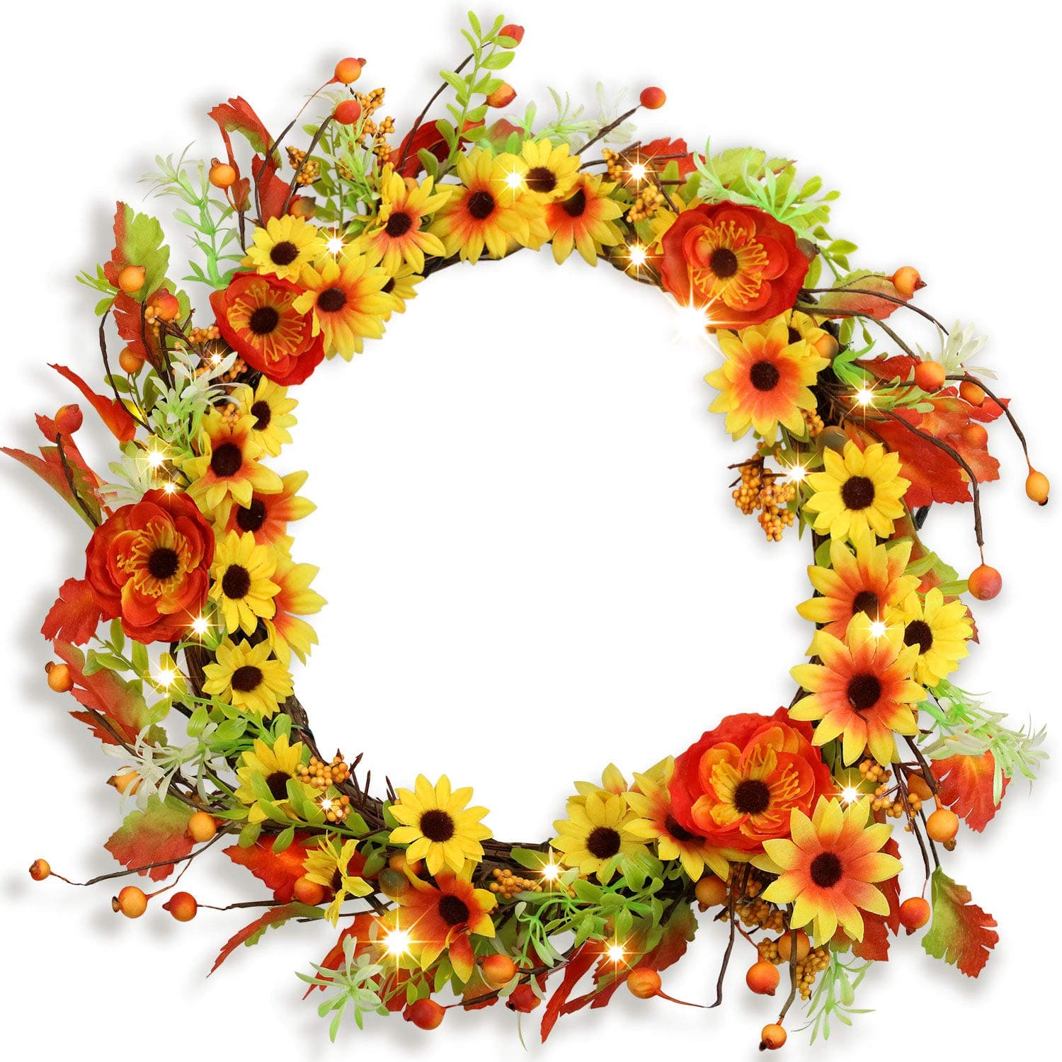 Remon 16 Inch Spring Wreath with Timer, Lighted Wreath with Pre-Strung 20 LED Lights, Pre-lit Artificial Wreath Mixed Decorations with Yellow and Red Fake Flowers (Battery Operated)