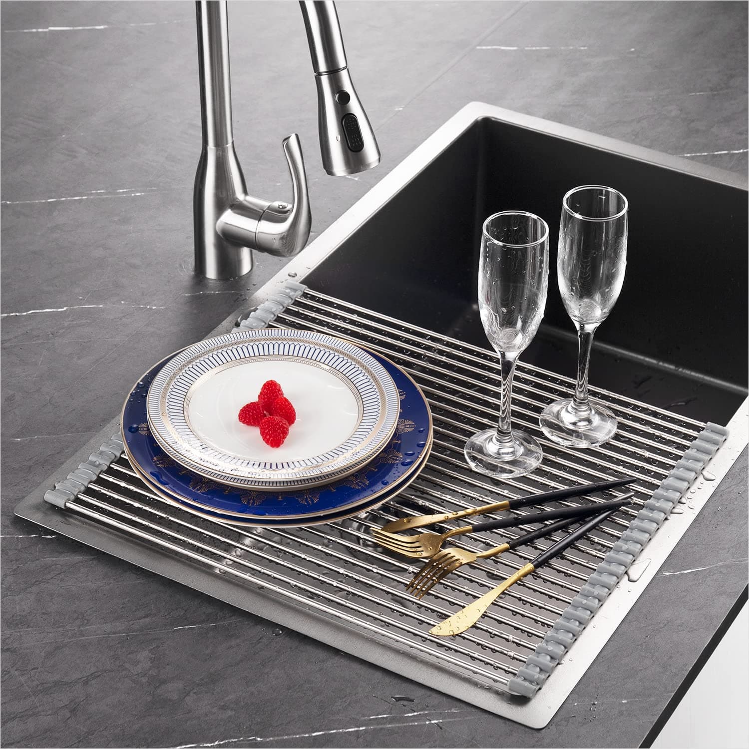 DAYISH Rollup Foldable Dish Drying Silicone Rack Home Kitchen Stainless Steel Kitchen Folding Dish Drainer Over Sink Mat - Fruits Vegetables Utensil Holder Stainless Steel Colander (460mm x 465mm)