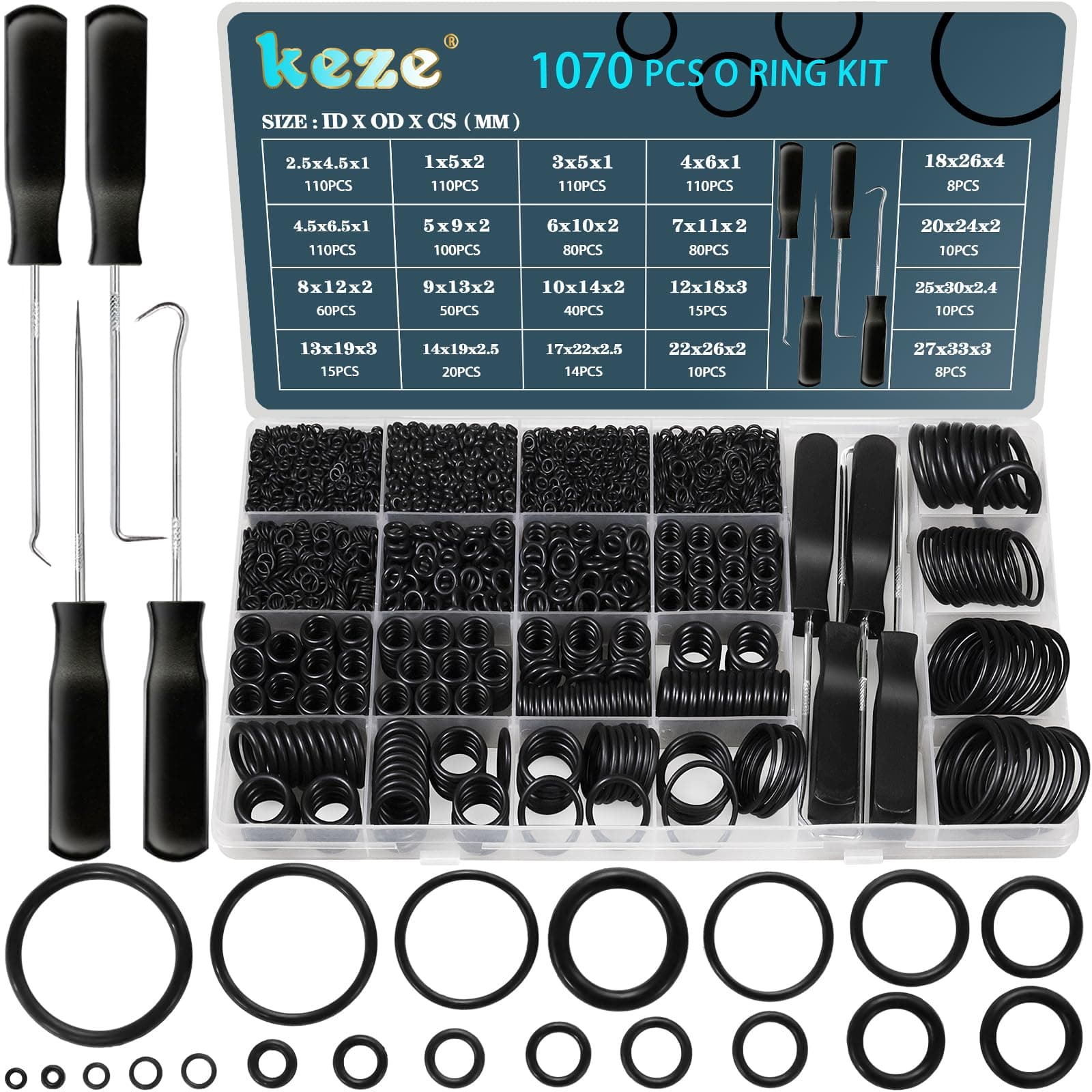 KEZE 1070 Pcs 20 Size O Rings Kit with 4pcs