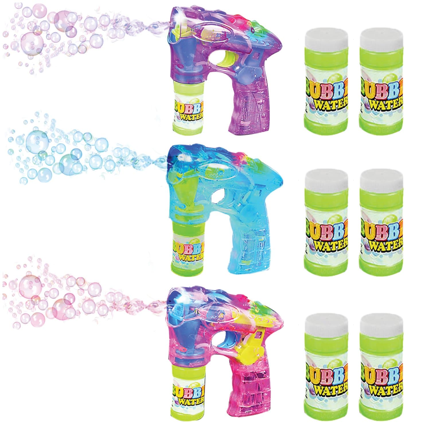 ArtCreativity 3 LED Light Up Bubble Guns, with Sound, Includes 6 Bottles of Bubble Solution Refill, Bubble Blower for Bubble Blaster Party Favors, Summer Toy, Outdoors Activity, Birthday Gift