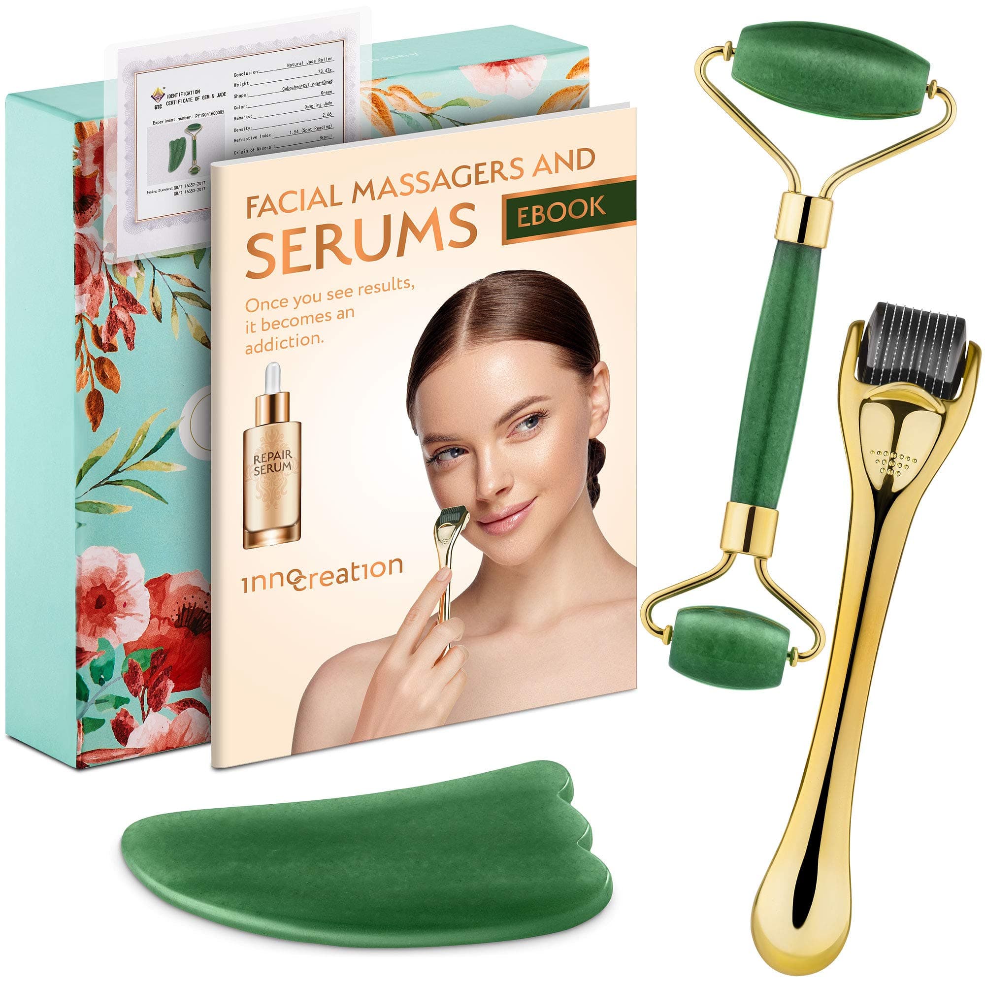 3-in-1 Derma Roller, Jade Roller and Gua Sha Facial Tool Set. With Titanium Microneedle Roller, REAL Stone Jade Face Roller and Eye Roller, Guasha Scraper, and Serum Guide. Safe Microneedling at Home