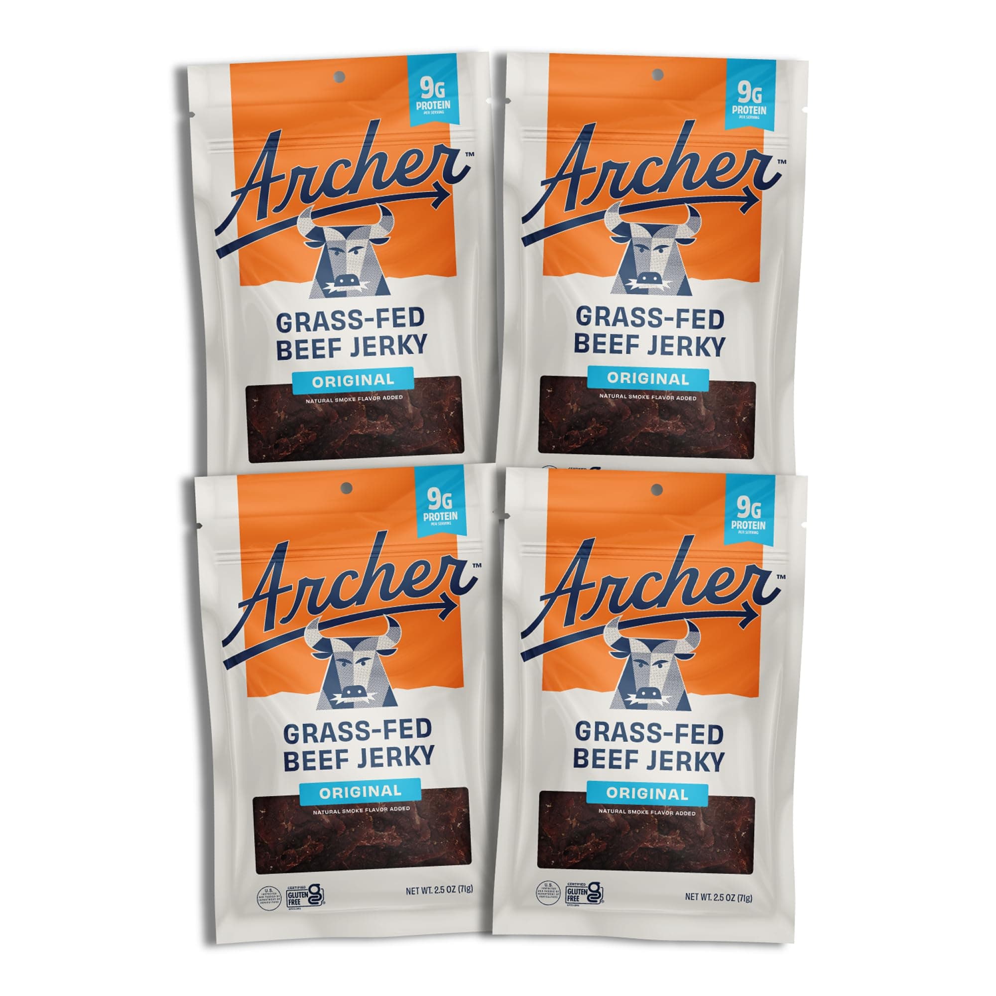 Archer Jerky Grass Fed Beef Jerky - Beef Snack Packs Bulk, Individual Bags, Protein Snack, Gluten Free - Original Flavor, 2.5 oz (Pack of 4)