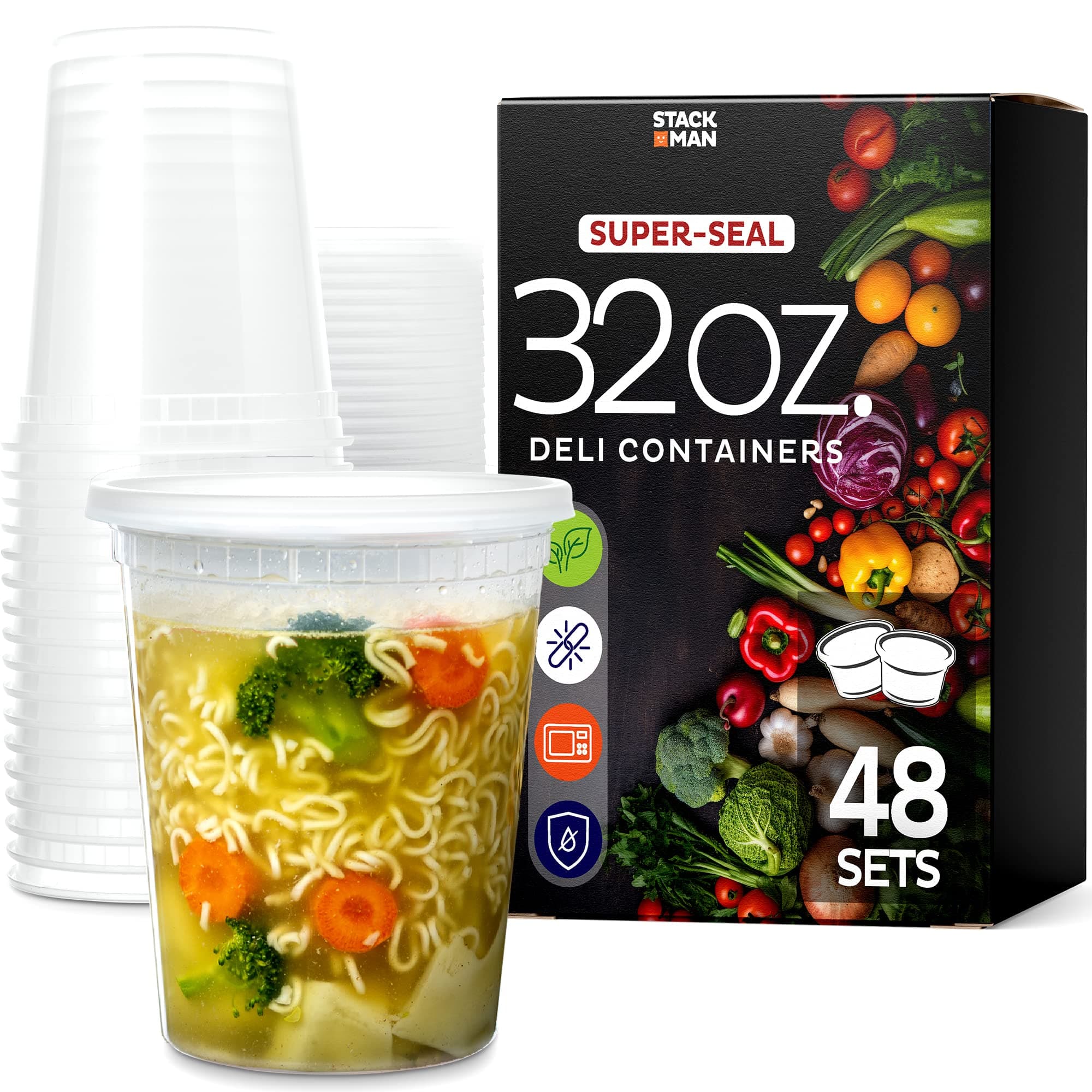 Stack Man [48 Pack, 32 oz] Plastic Deli Food Storage Soup Containers With Airtight Lids, Freezer Safe | Meal Prep | Stackable | Leakproof | BPA Free, Clear
