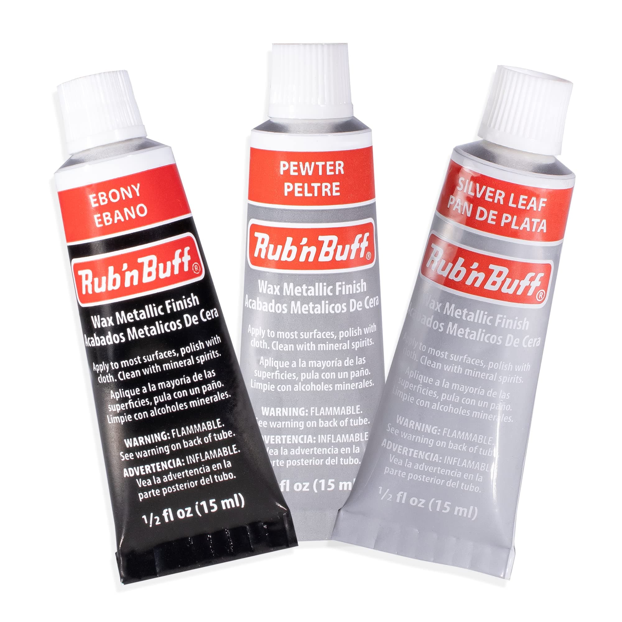Rub n Buff Wax Metallic Finish Grey Kit - Ebony Silver Leaf and Pewter 15ml Tubes - Versatile Gilding Wax for Finishing Furniture Antiquing and Restoration - 3 Rub and Buff Colors
