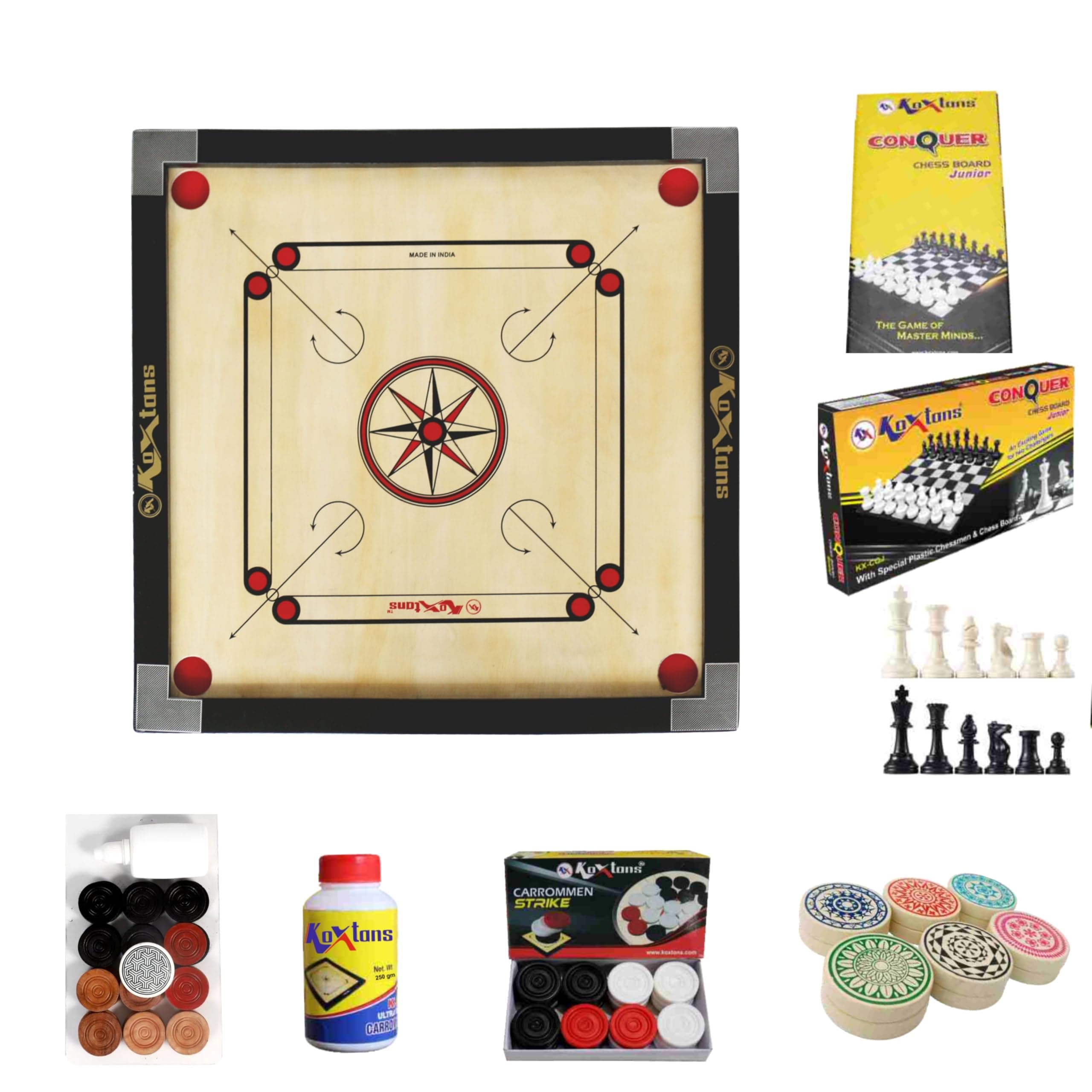 Carrom Board 28 INCH Medium Size with 1.5" Border & 3 mm Ply (Economy) with STRICKER & Accessories and Vista 11 INCH Chess Conquer Gift Set
