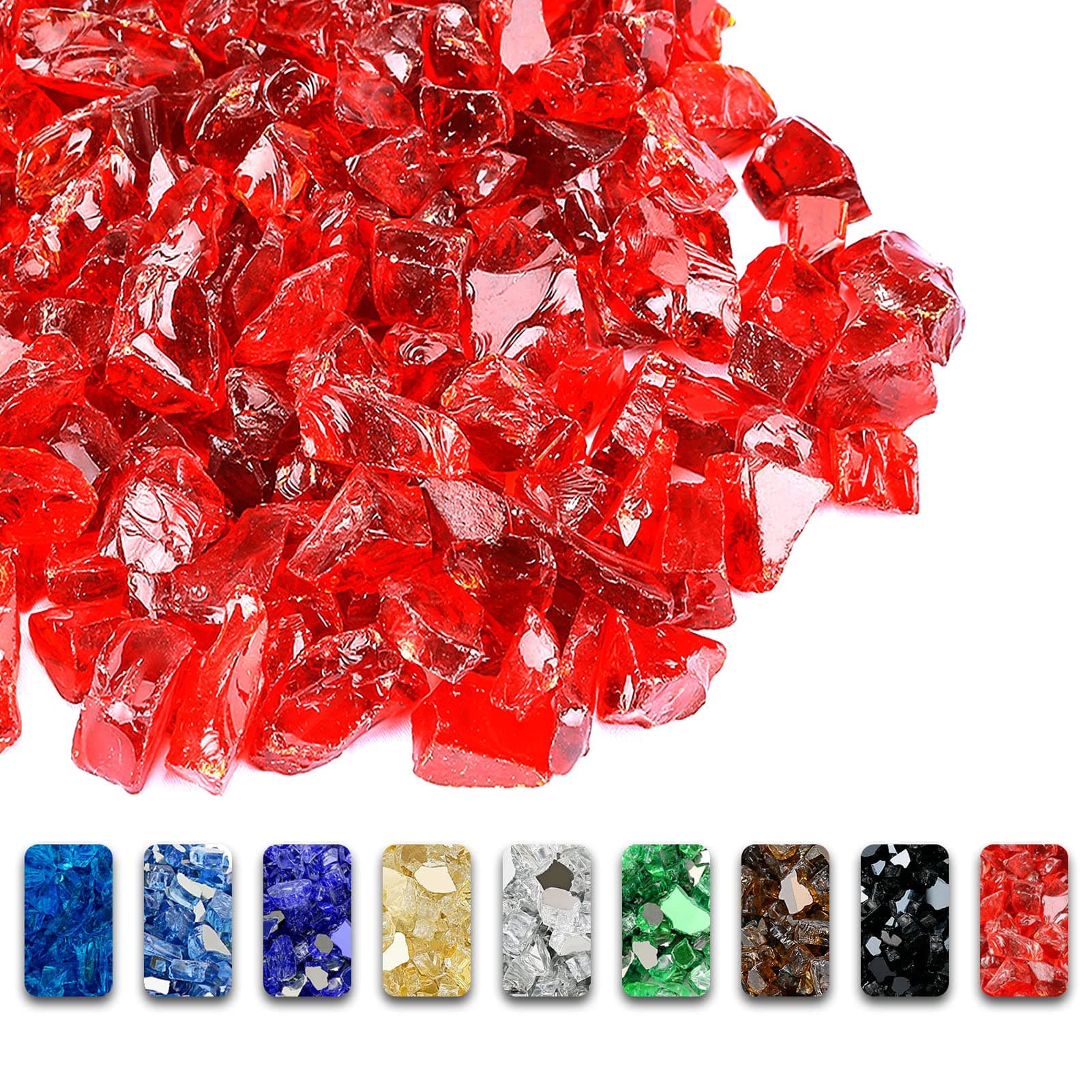 GRISUN Fire Red Fire Glass for Fire Pit, 1/2 inch 10 lbs High Gloss Reflective Tempered Glass Stones for Natural or Propane Fireplace, Safe for Outdoor Fire Pit Glass and