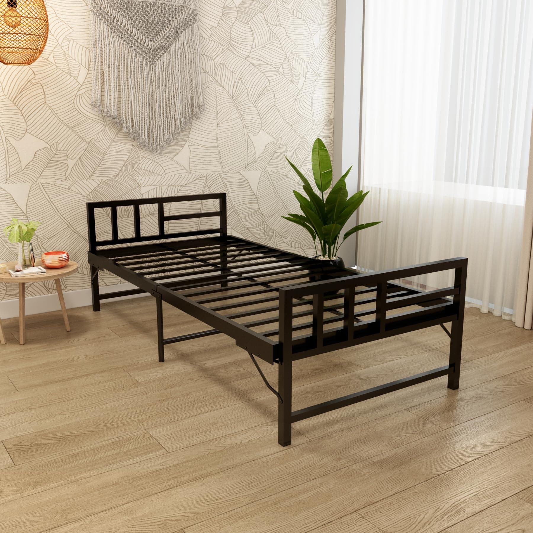 Homdec Alpha Space Saving Folding Metal Bed (Black, Single)