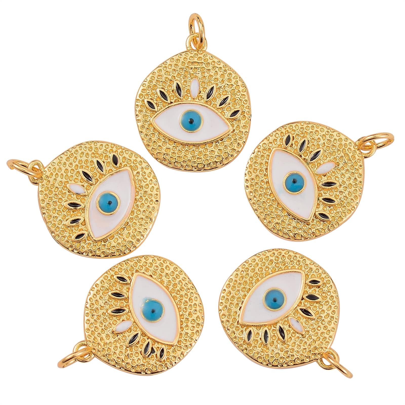 Azonee 5 Pcs Flat Round with Evil Eye Brass Charm Pendants Brass Enamel Pendants Long Lasting Plated Charm, for Women Earrings Necklace Bracelet Jewelry Making Crafts
