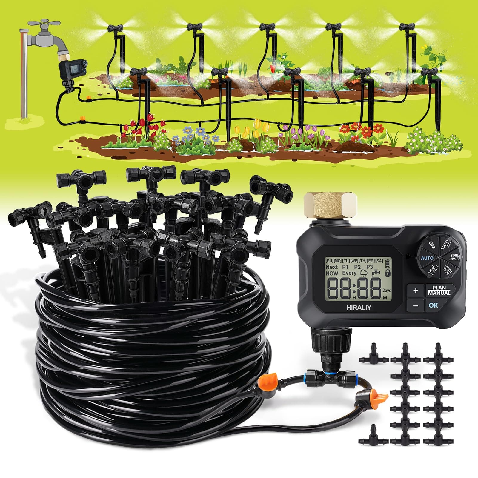 HIRALIY65FT Automatic Drip Irrigation Kits with Garden Timer, 1/4" Blank Tubing and 4-outlets Misting Watering Nozzles, Auto Plant Watering System for Patio Lawn, Watering Regularly by Timer