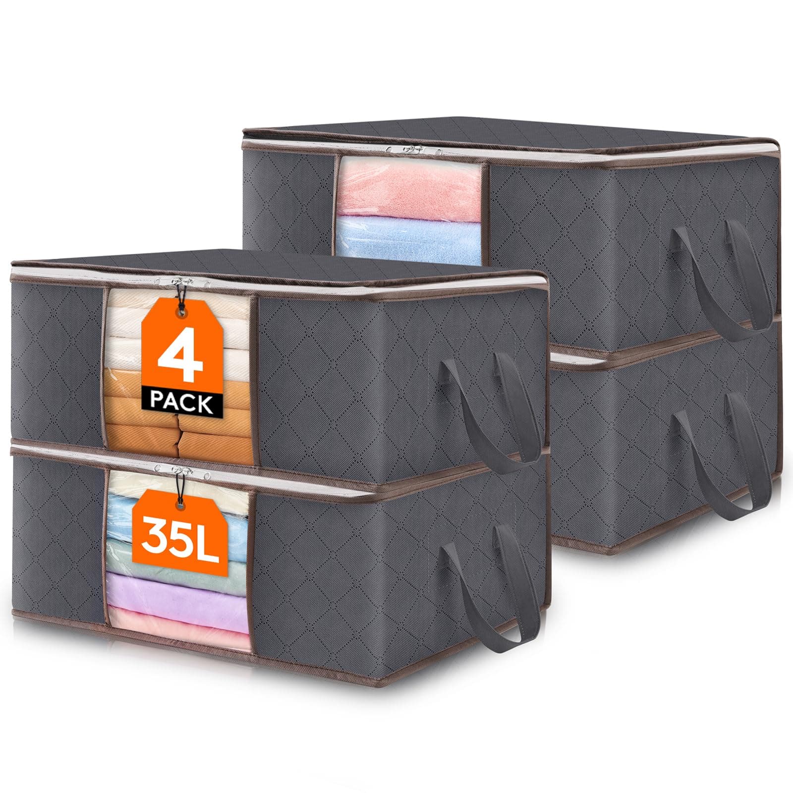 Lifewit 35L 4 Pack Clothes Storage Bag, Foldable Storage Boxes Wardrobe Storage Organiser Moving Bag with Reinforced Handle Sturdy Fabric Clear Window for Towel, Sweater, Bedding, Toys, Grey