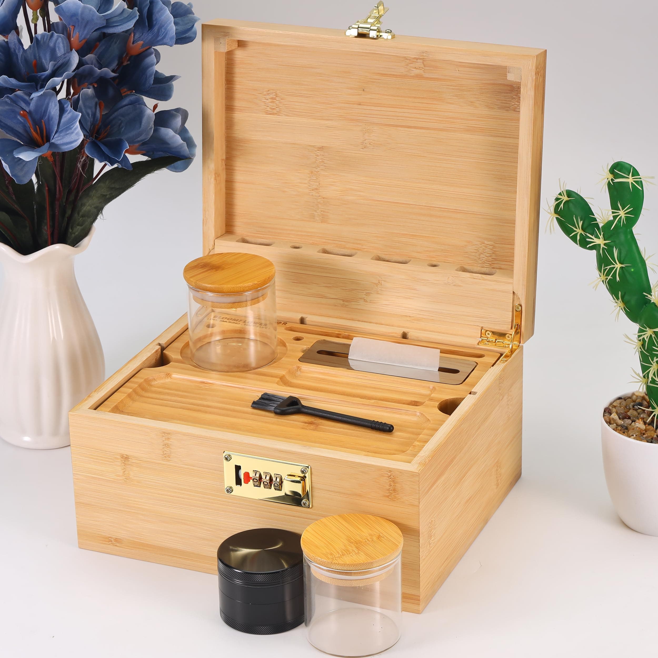 Large Stash Box with Rolling Tray and 5 Accessories,Divider management space,Luxury Gift Set,Wooden Storage Set with Lock for Storage Items