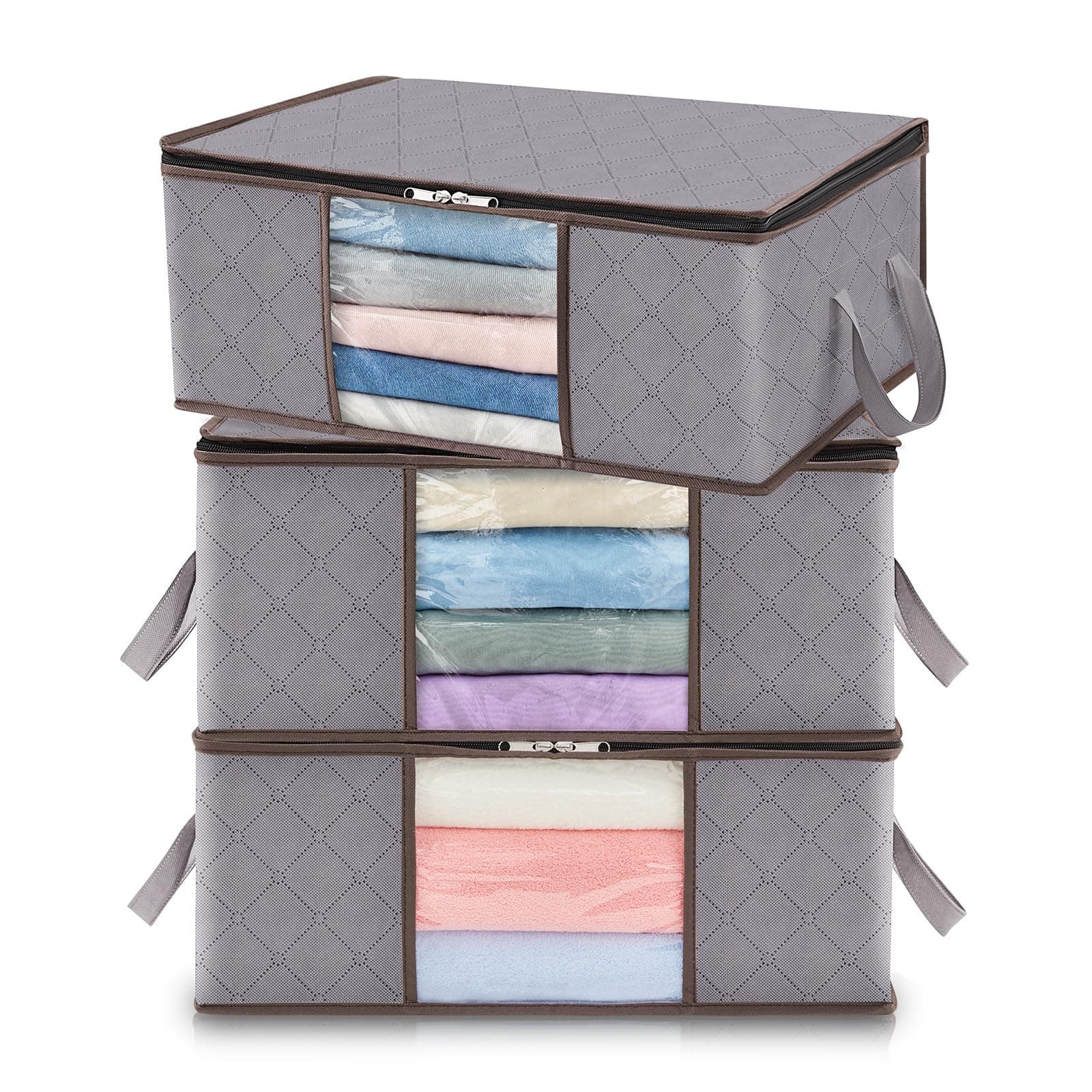 Lifewit 3 Pack Clothes Storage Bag, Foldable Storage Bin Closet Organizer with Reinforced Handle, Sturdy Fabric Blanket Storage with Clear Window, Storage Containers for Clothing, Bedding, Light Gray