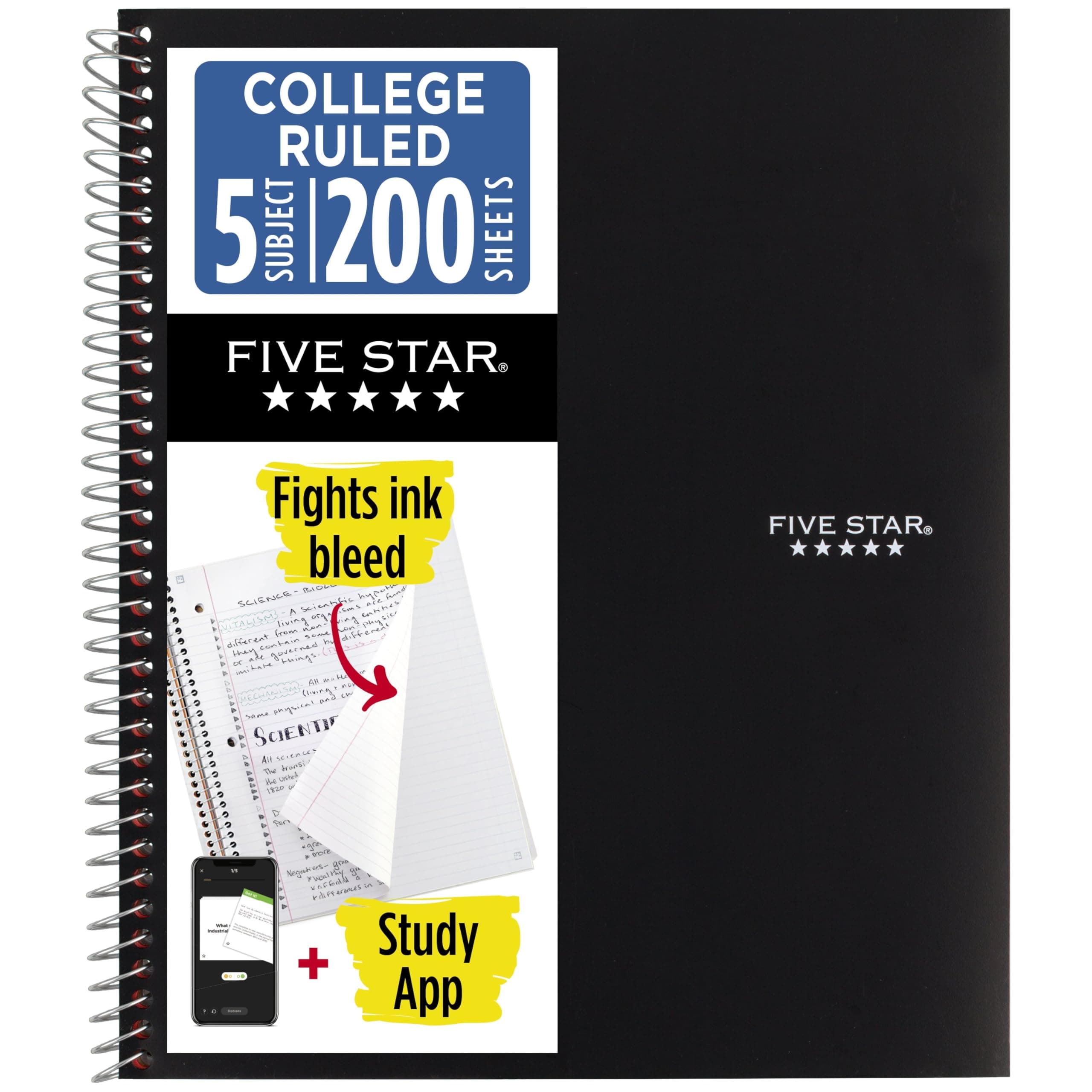 Spiral Notebook + Study App, 5 Subject, College Ruled Paper, 8-1/2" x 11", 200 Sheets, Fights Ink Bleed, Water Resistant Cover, Black (72081)