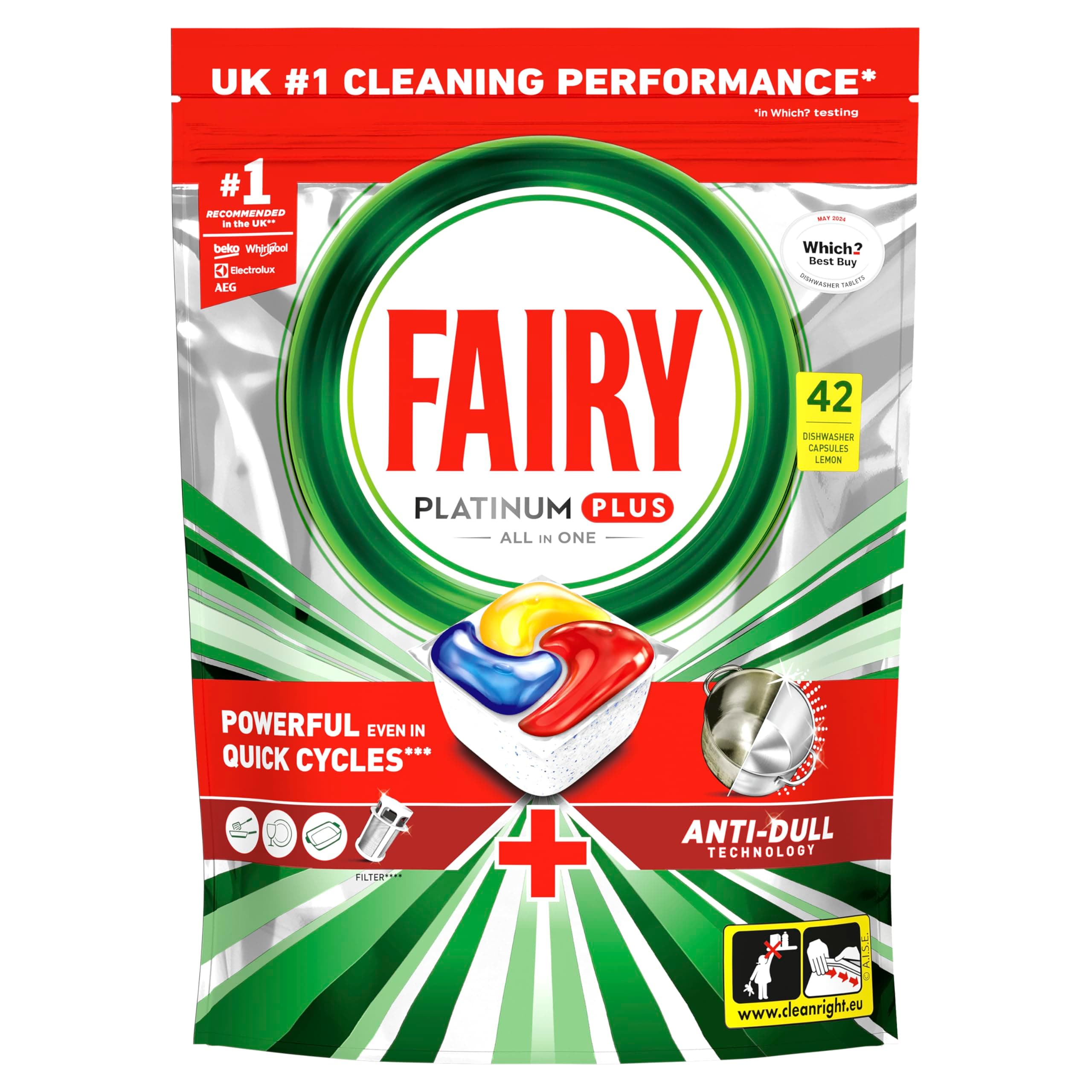 Fairy Platinum Plus Dishwasher Tablets – 42 Pack, Lemon, Anti-Dull Technology