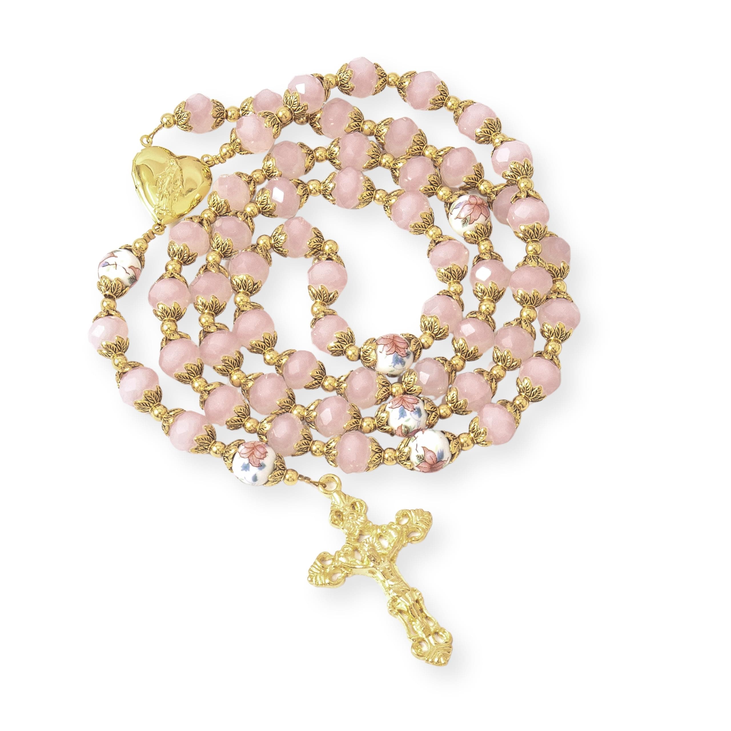 Catholic Green Crystal Beads 10mm Gold Rosary Flowers Beaded Necklace Miraculous Heart Locket Medal & Cross Religious Women Men Amulet 21" in Velvet Bag