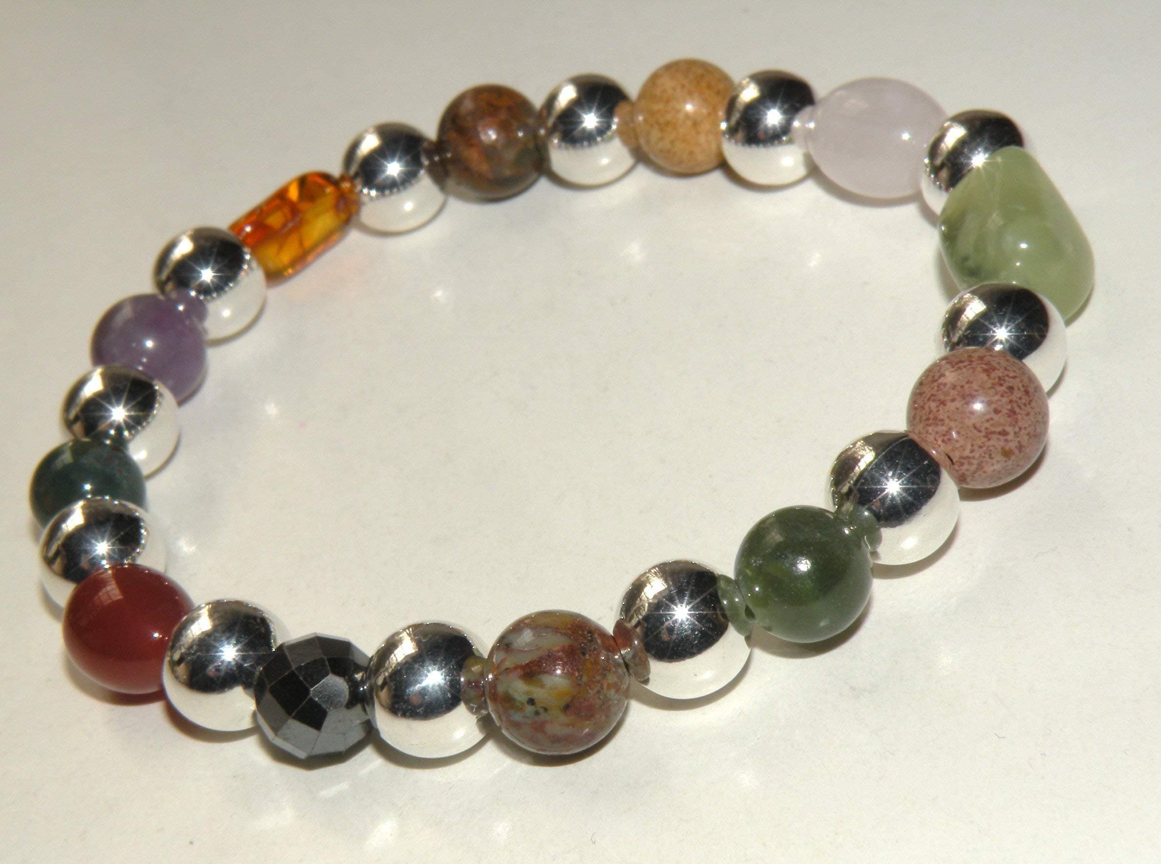 Kidney Function Natural Gemstone Healing Bracelet with Silver Beads stretch