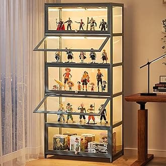 Display Cabinet with Acrylic Glass Door, 5 Tier Curio Display Case, Collectibles Toy Organizers Rack & Display Shelf, Kids Bookcase for Bedroom, Reading Nook, Toddler's Room, Bamboo