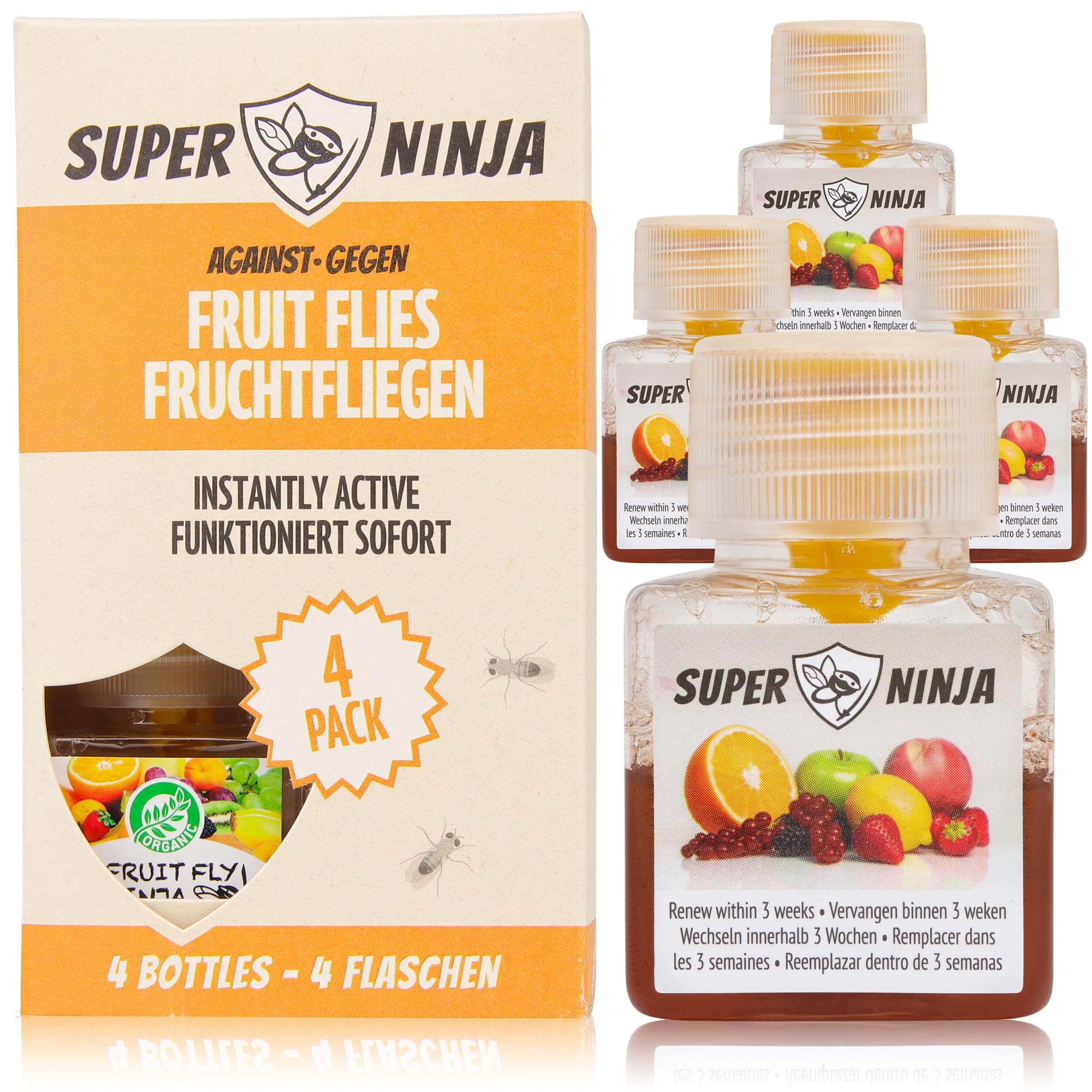 Super Ninja Fruit Fly Traps for Indoors - 4 Traps - Highly Effective Ecological Fruit Fly Trap - Environmentally Responsible Fruit Fly Killer - User Friendly - Up to 3 Weeks per Trap