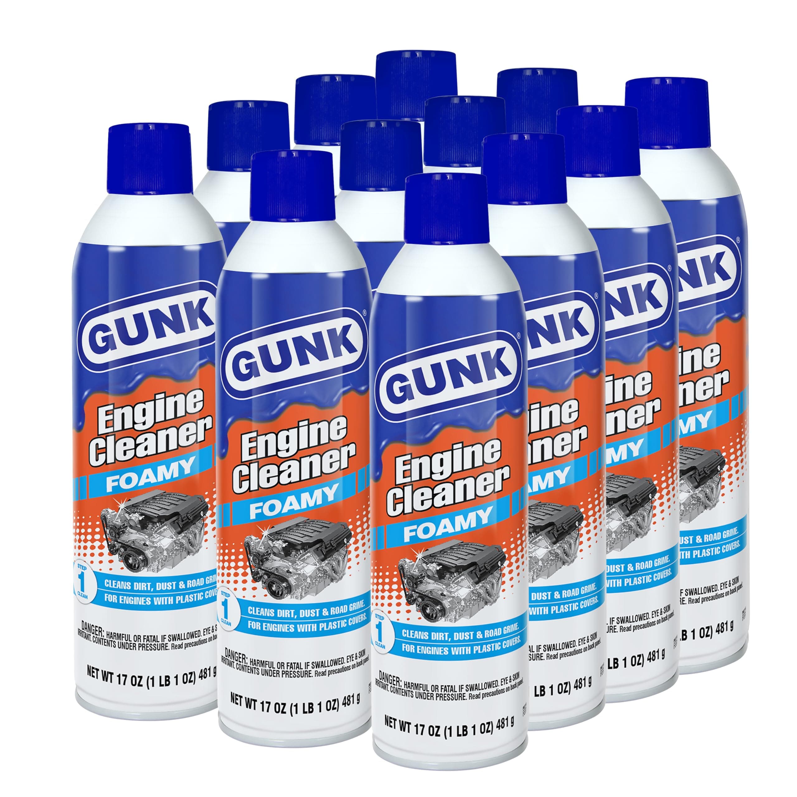 GUNK Engine Cleaner – Foamy Spray for Engines with Plastic Covers – Expanding Foam Quickly Removes Grease, Oil, Dirt & Road Grime - Clings to Surfaces for Easy Rinse – 17 oz (Case of 12)