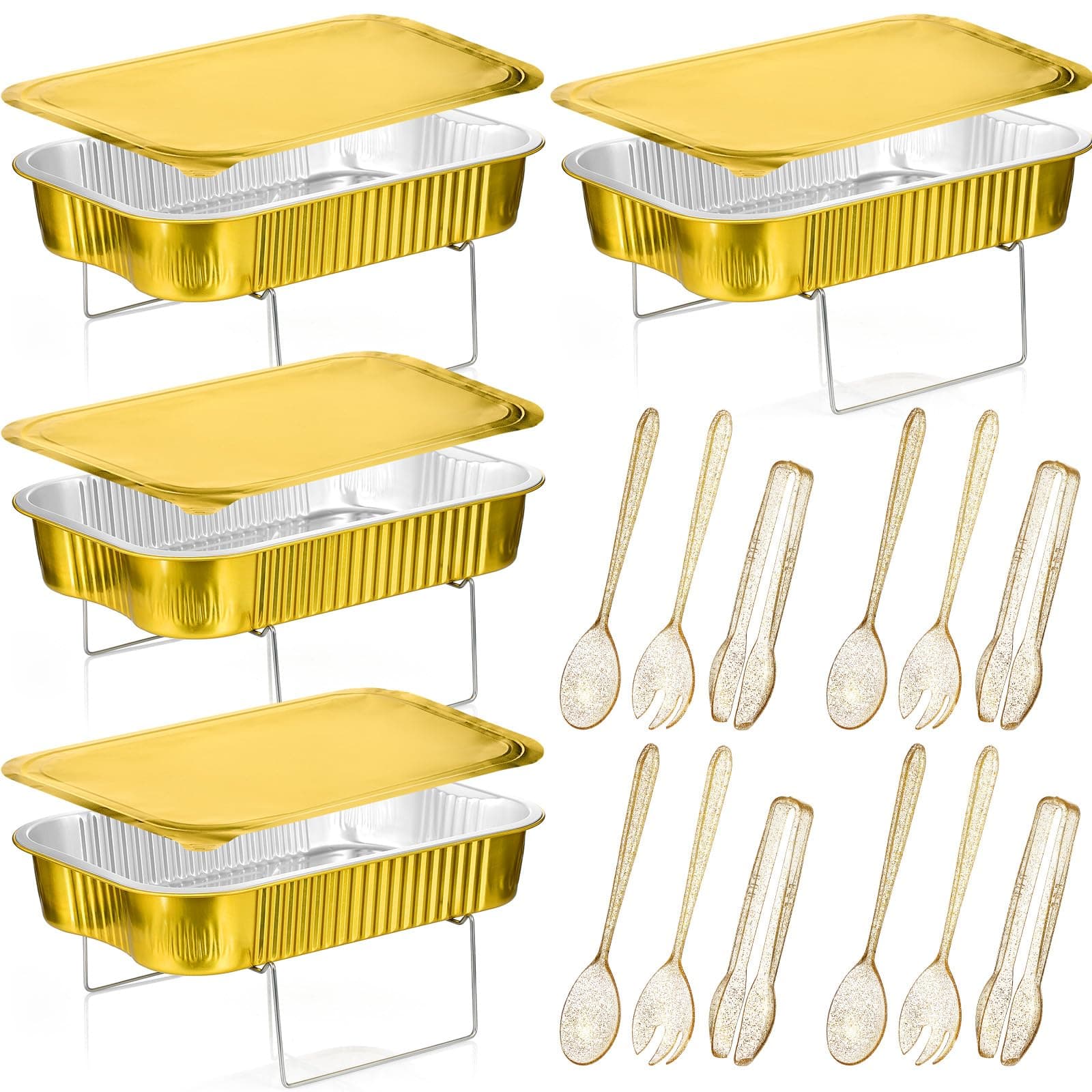Maxcheck 4 Sets Disposable Chafing Dishes Buffet Set Chafer Wire Racks Buffet Stand Kit Dish Serving Trays Food Warmer Catering Supplies Included Serving Utensils and Stand (Large)