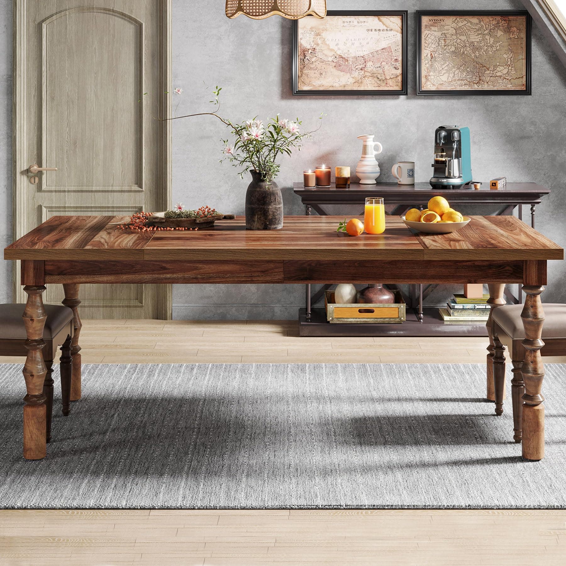 Tribesigns 62” Farmhouse Dining Table for 4-6 People, Large Rectangle Kitchen Table, Dinner Table Kitchen & Dining Room Furniture with Carved Turned Legs
