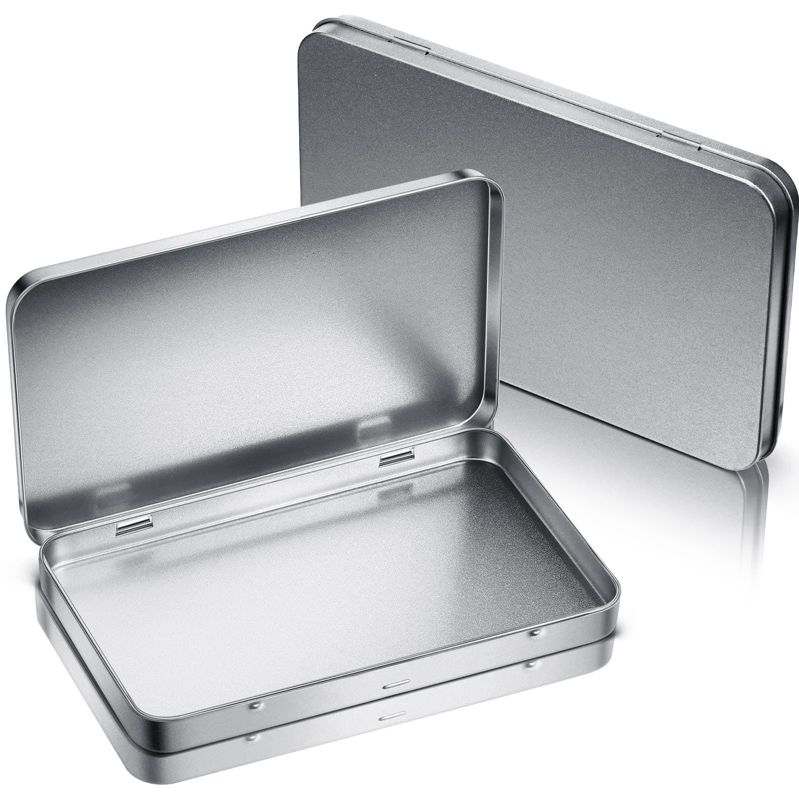 Geiserailie Metal Rectangular Tin Metal Hinged Lid Tin Metal Empty Box Container Silver Rectangular Storage Tin Box with Lid for Watercolor Jewelry Makeup Pill Candy Craft Organize (4 Pieces)