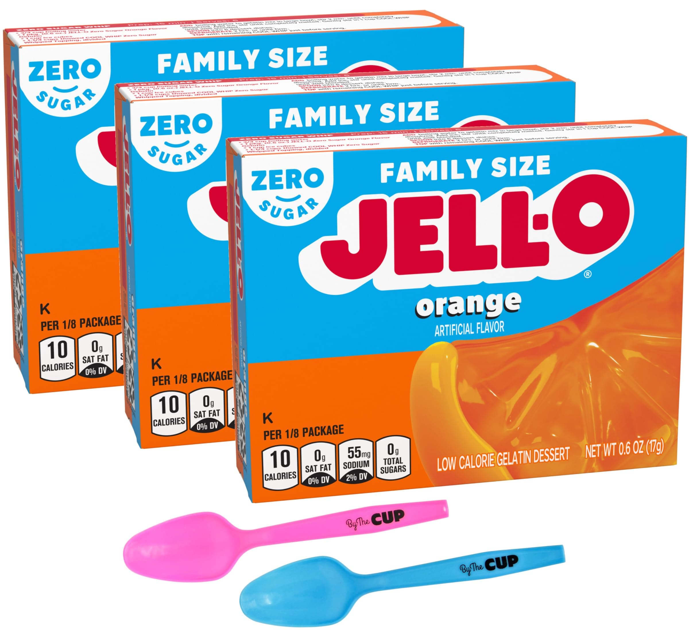 Zero Sugar Orange Jell-O, 0.6 oz (Pack of 3) with By The Cup Mood Spoons