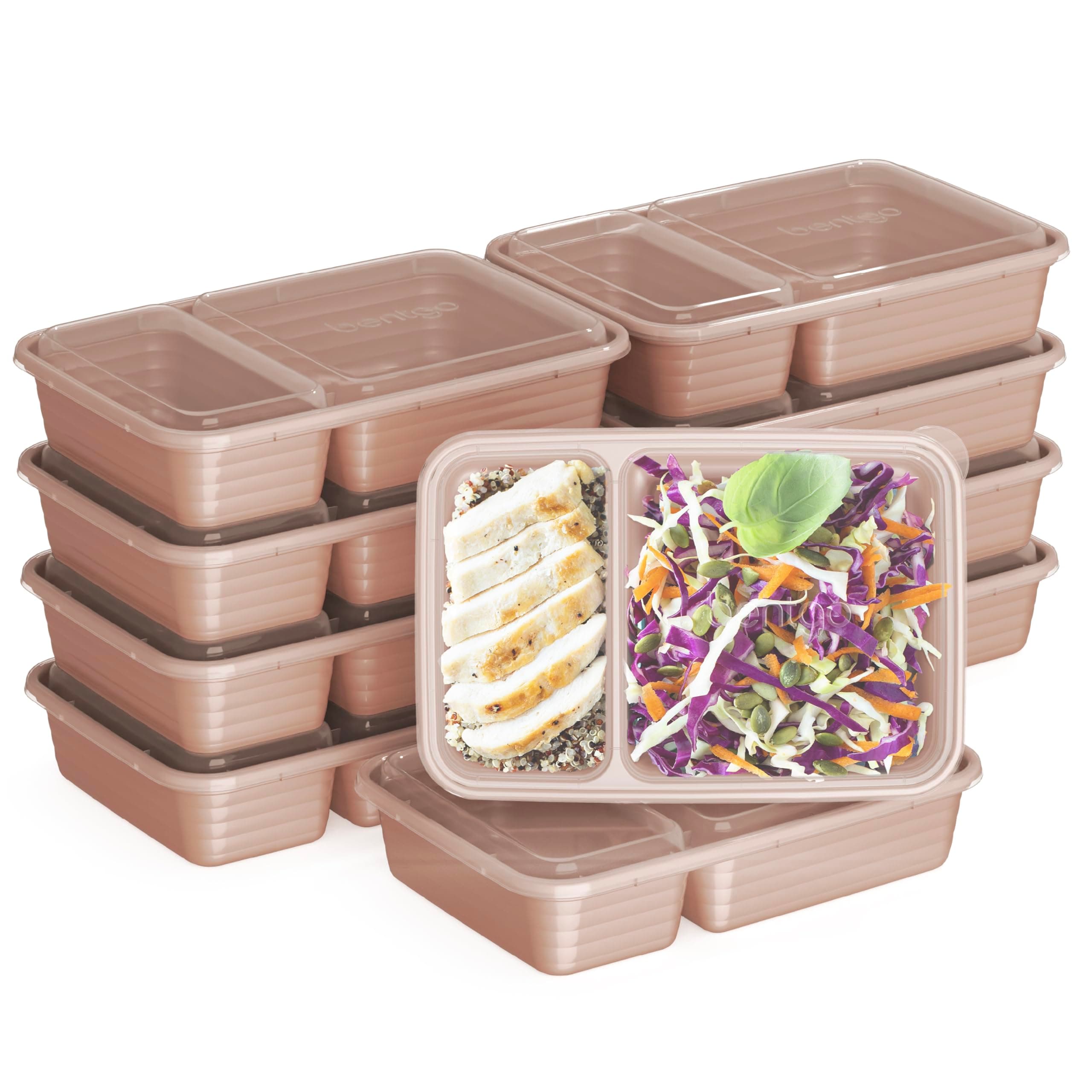 Bentgo Prep 2-Compartment Meal-Prep Containers with Custom-Fit Lids - Microwaveable, Durable, Reusable, BPA-Free, Freezer and Dishwasher Safe Food Storage Containers - 10 Trays & 10 Lids (Rose Gold)