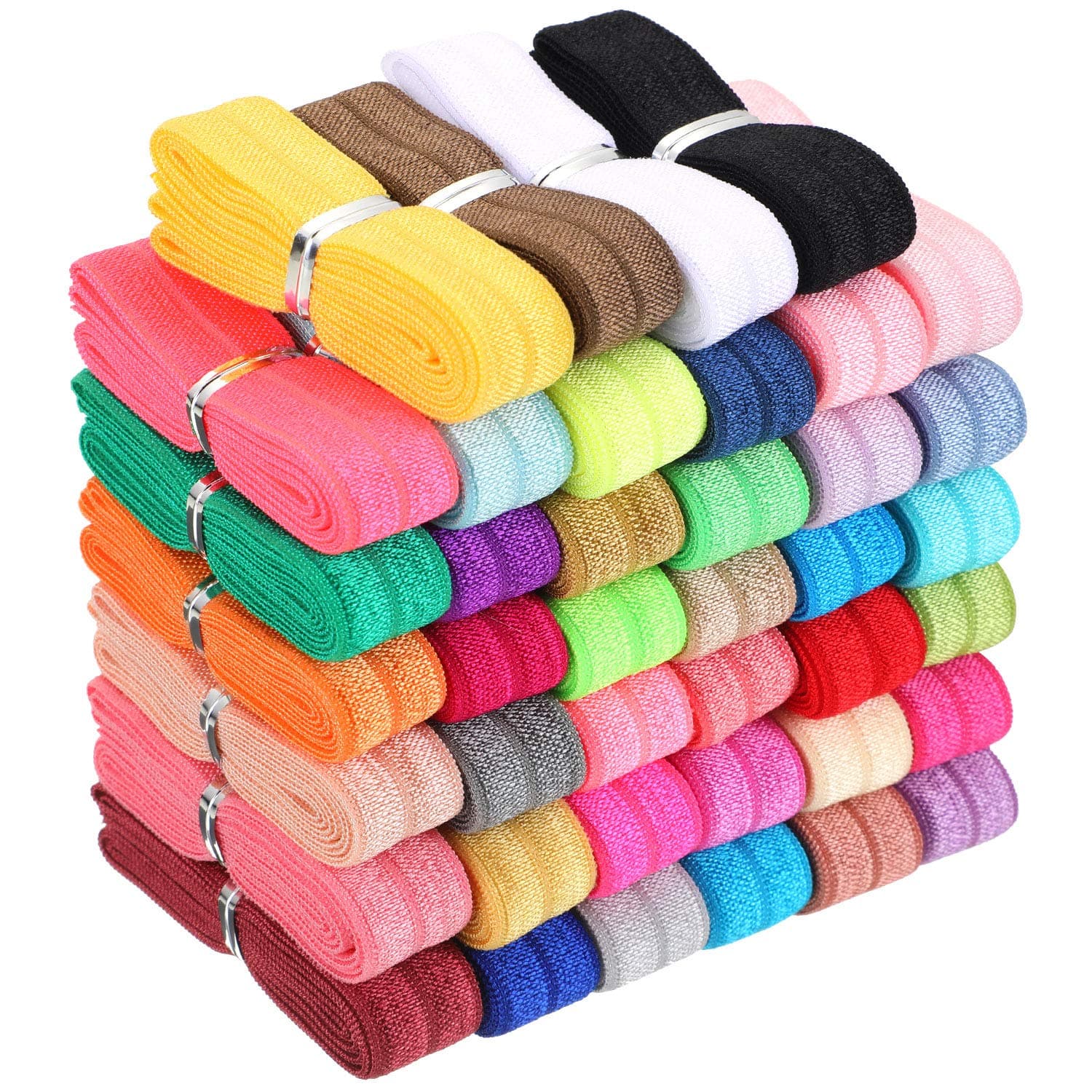 WILLBOND 40 Yards Fold Over Elastic Solid Color Trim Elastic 40 Colors Ribbon Sewing Stretch Elastic Foldover Elastic Ribbon Band for Baby Girls Hair Bow DIY Craft Hair Ties Headbands