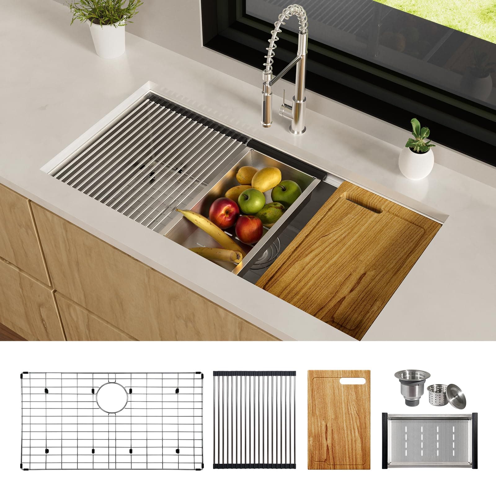 36 Inch Workstation Kitchen Sink, TECASA Undermount Deep Single Bowl, 16 Gauge Stainless Steel with Integrated Ledge and Accessories, World-Class Manufacturing Standard (18" x 36" x 10")