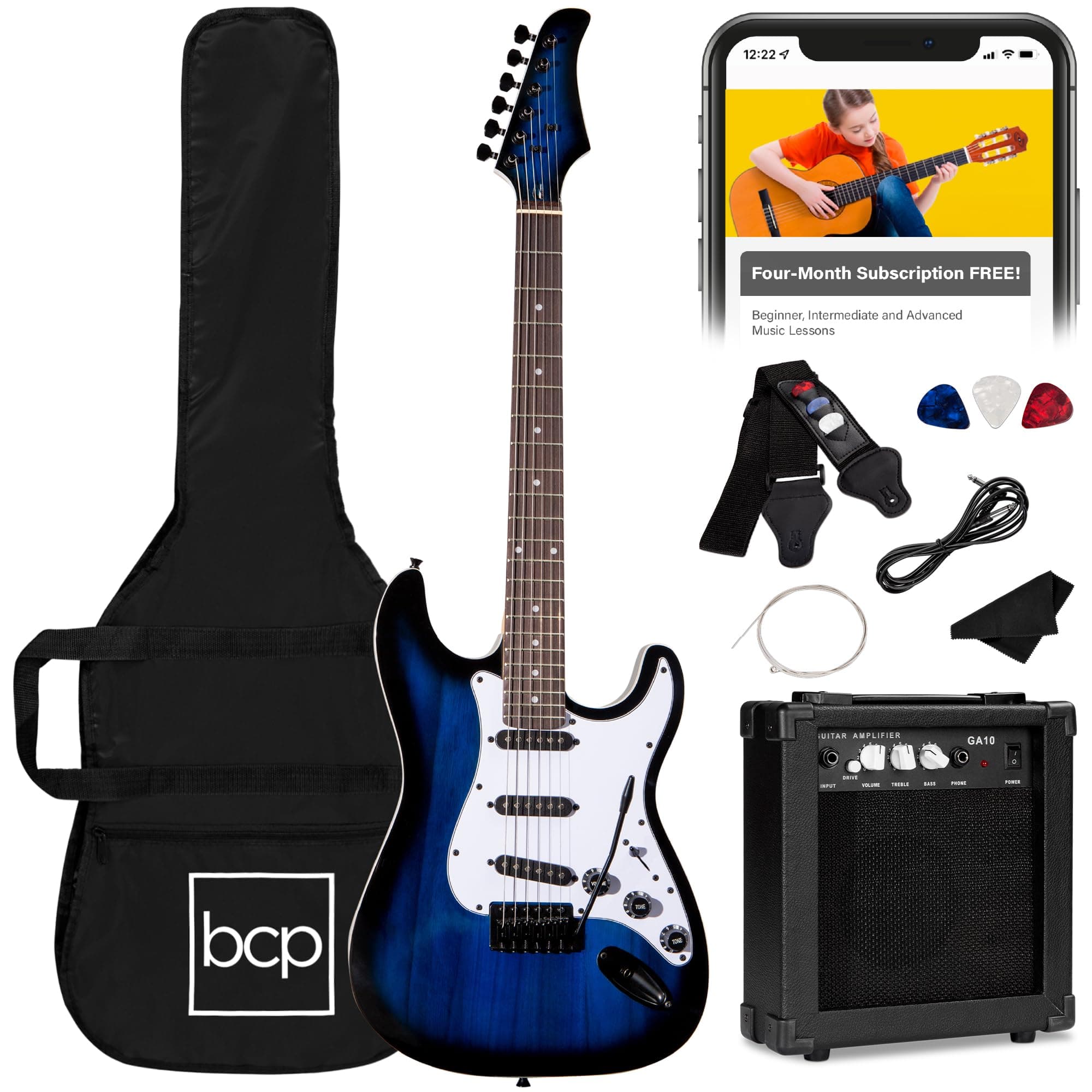 39in Full Size Beginner Electric Guitar Starter Kit w/Case, Strap, 10W Amp, Strings, Pick, Tremolo Bar - Hollywood Blue
